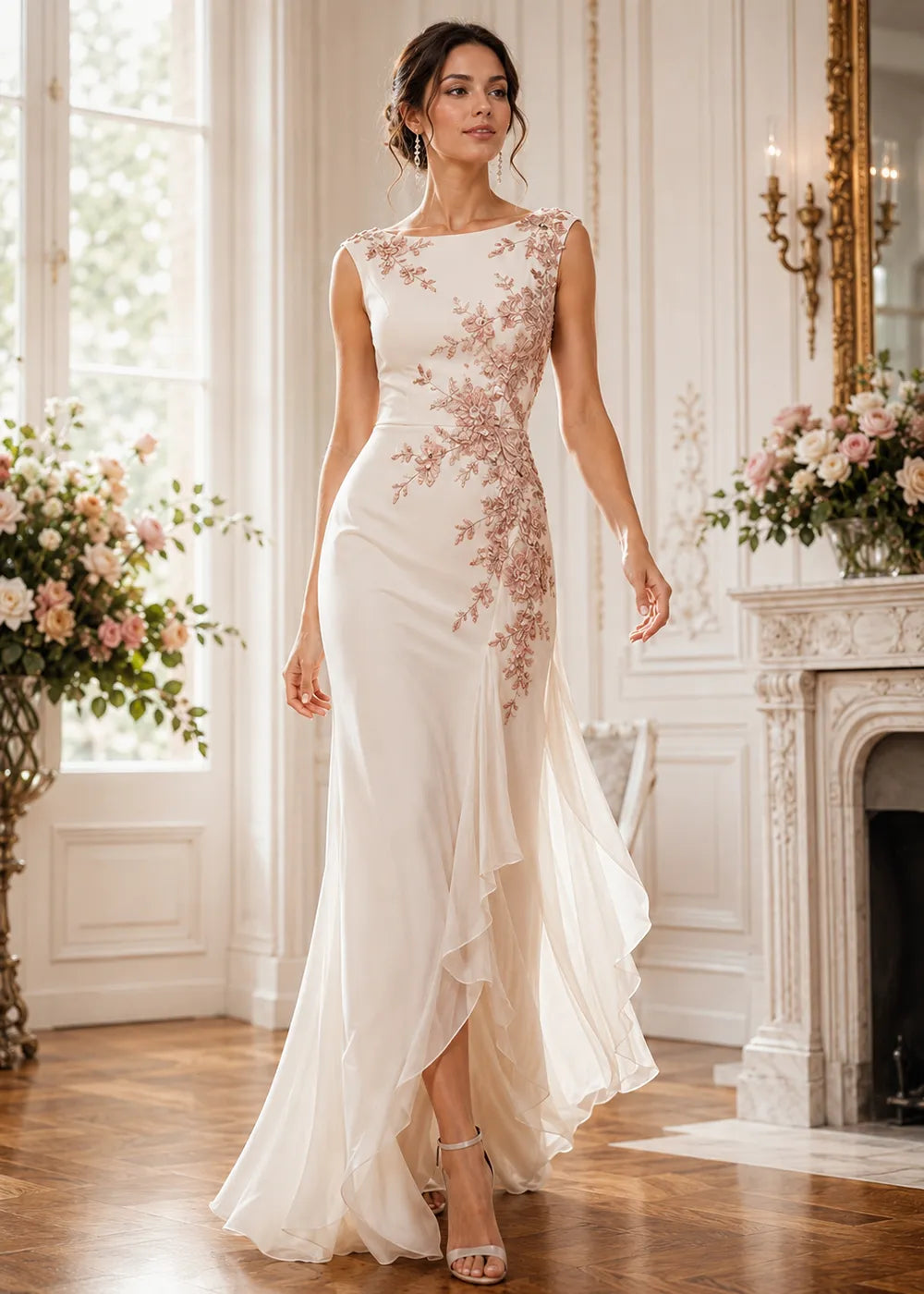 Floral Embellished Ruffle-Hem Formal Gown