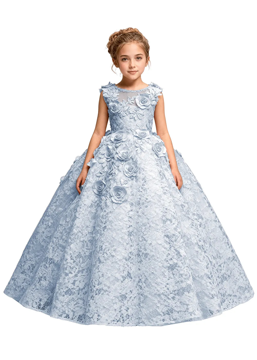 Elegant 3D Flower Applique Tulle Princess Dress for Girls
