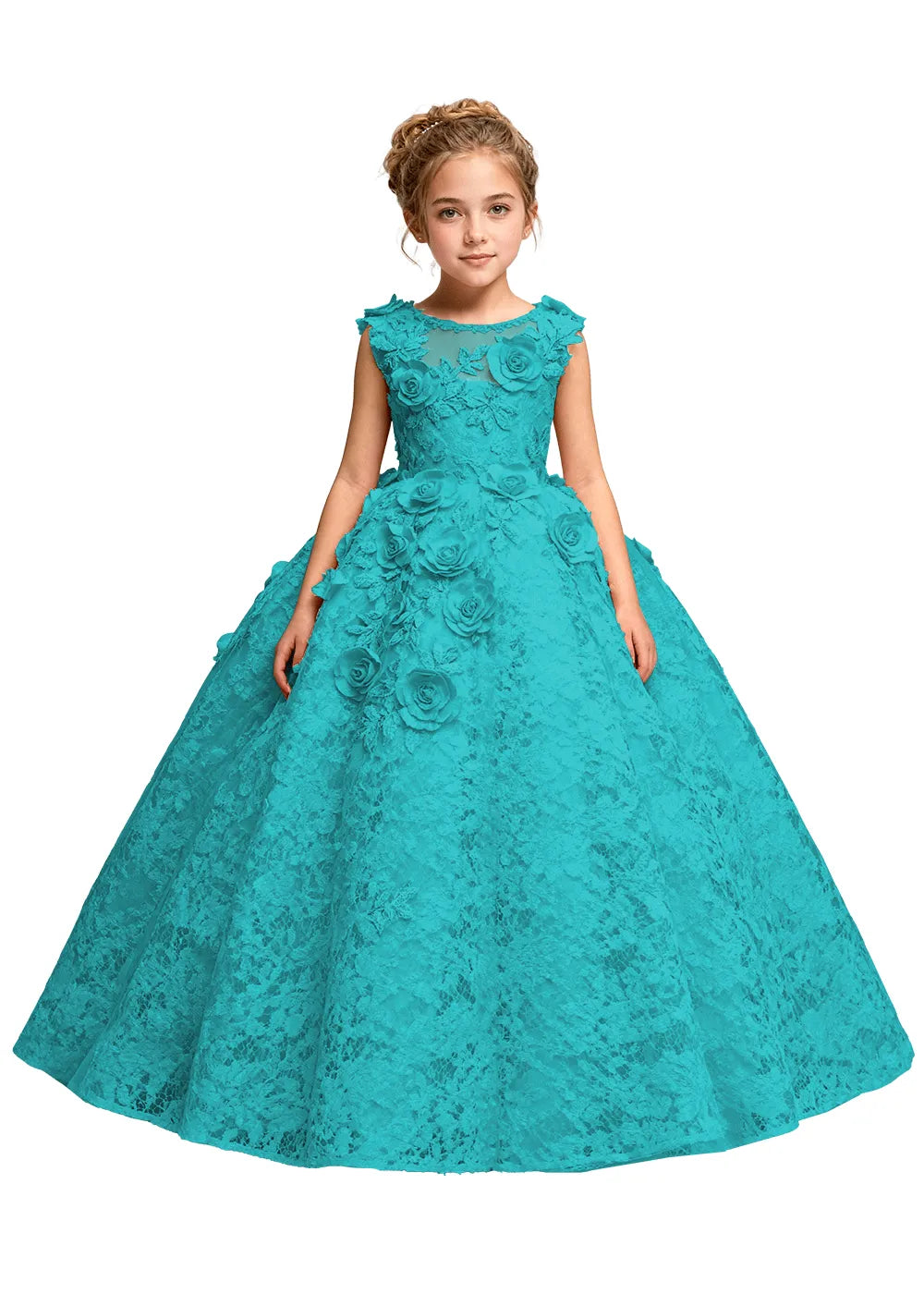 Elegant 3D Flower Applique Tulle Princess Dress for Girls