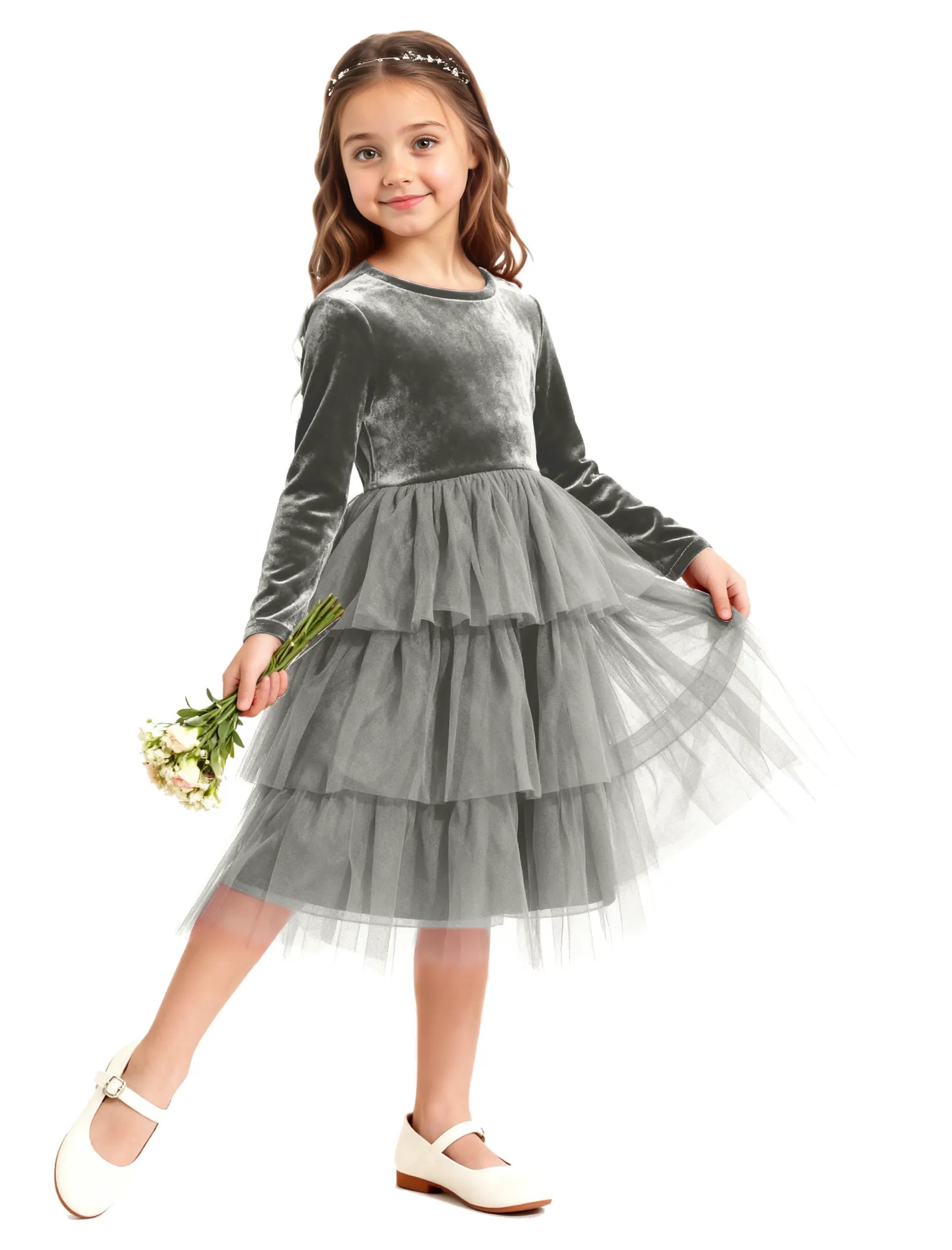 Velvet Ruffle Tulle Girls Party Dress