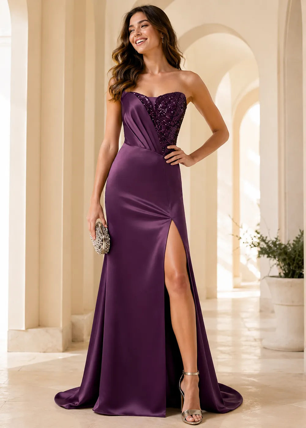 Luxury Beaded Satin Mermaid Gown with High Slit
