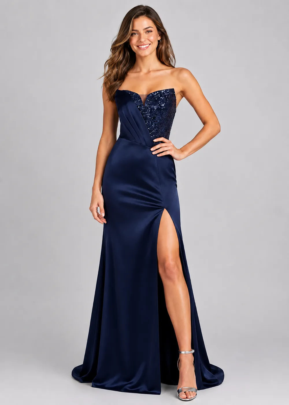 Luxury Beaded Satin Mermaid Gown with High Slit