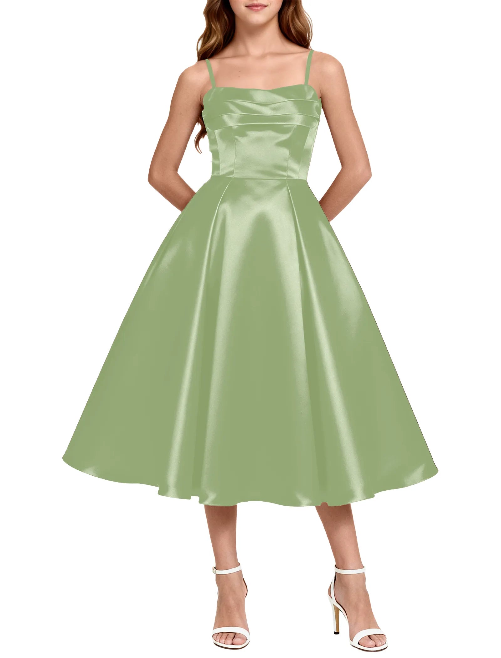 Elegant Satin Midi Dress for Girls with Spaghetti Straps