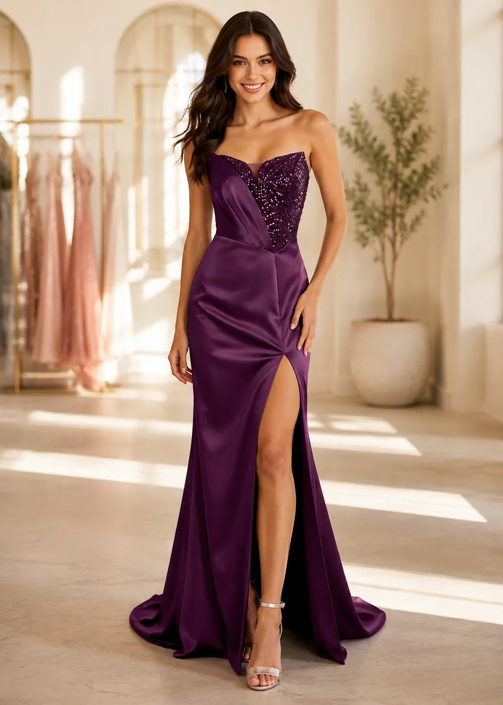 Luxury Beaded Satin Mermaid Gown with High Slit