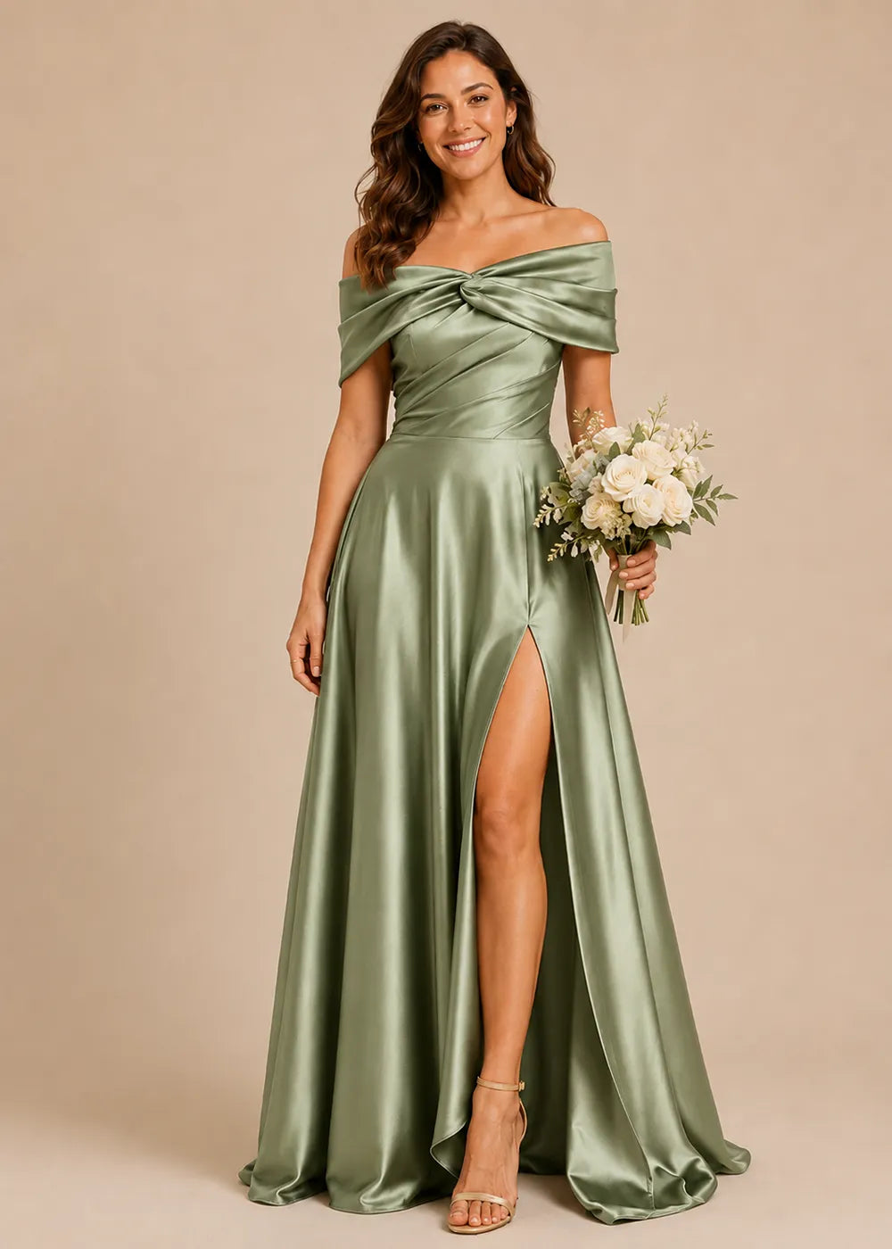 Aurelia Draped Off-Shoulder Satin Evening Gown