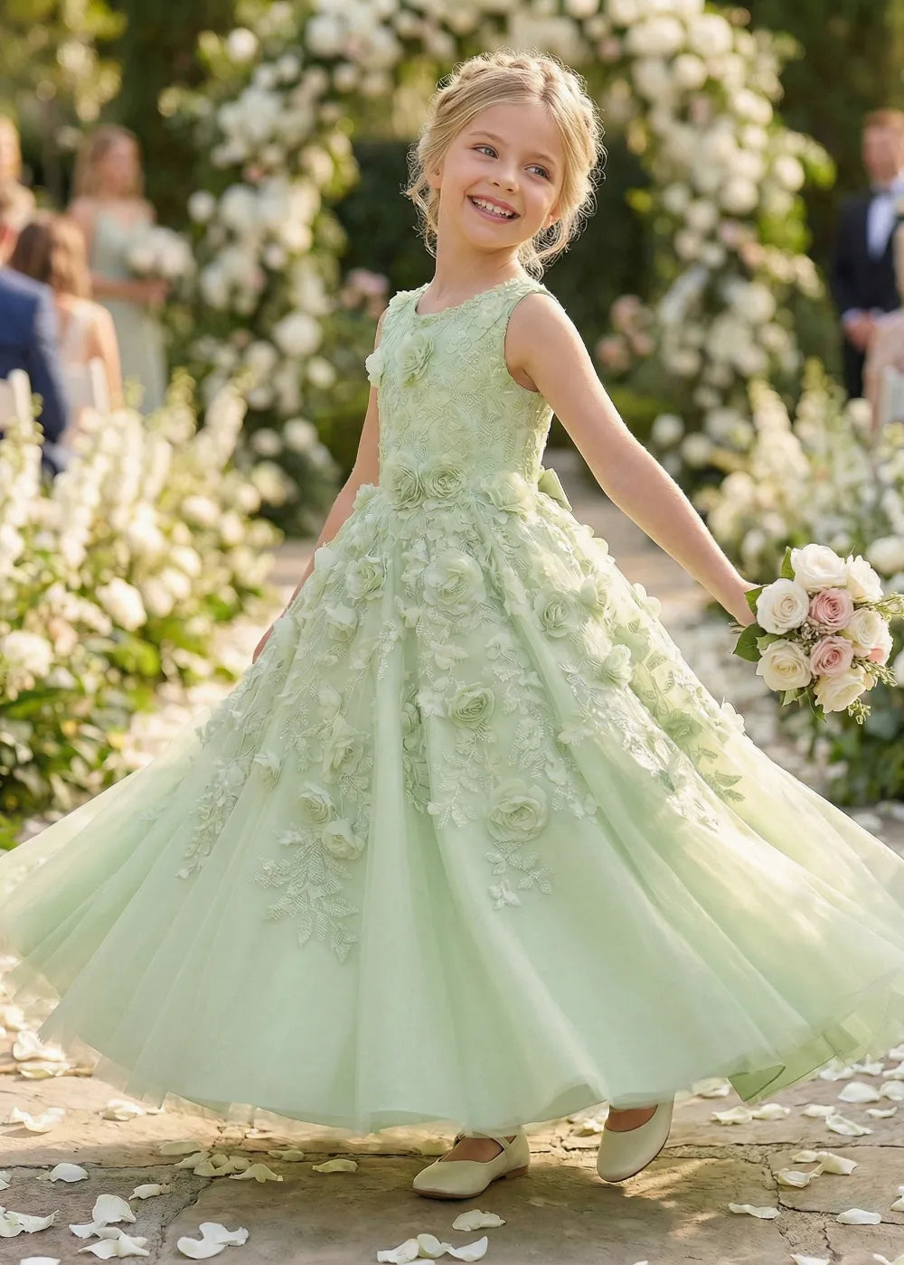 Lace Bodice Floral Tulle Princess Wedding Party Dress for Girls