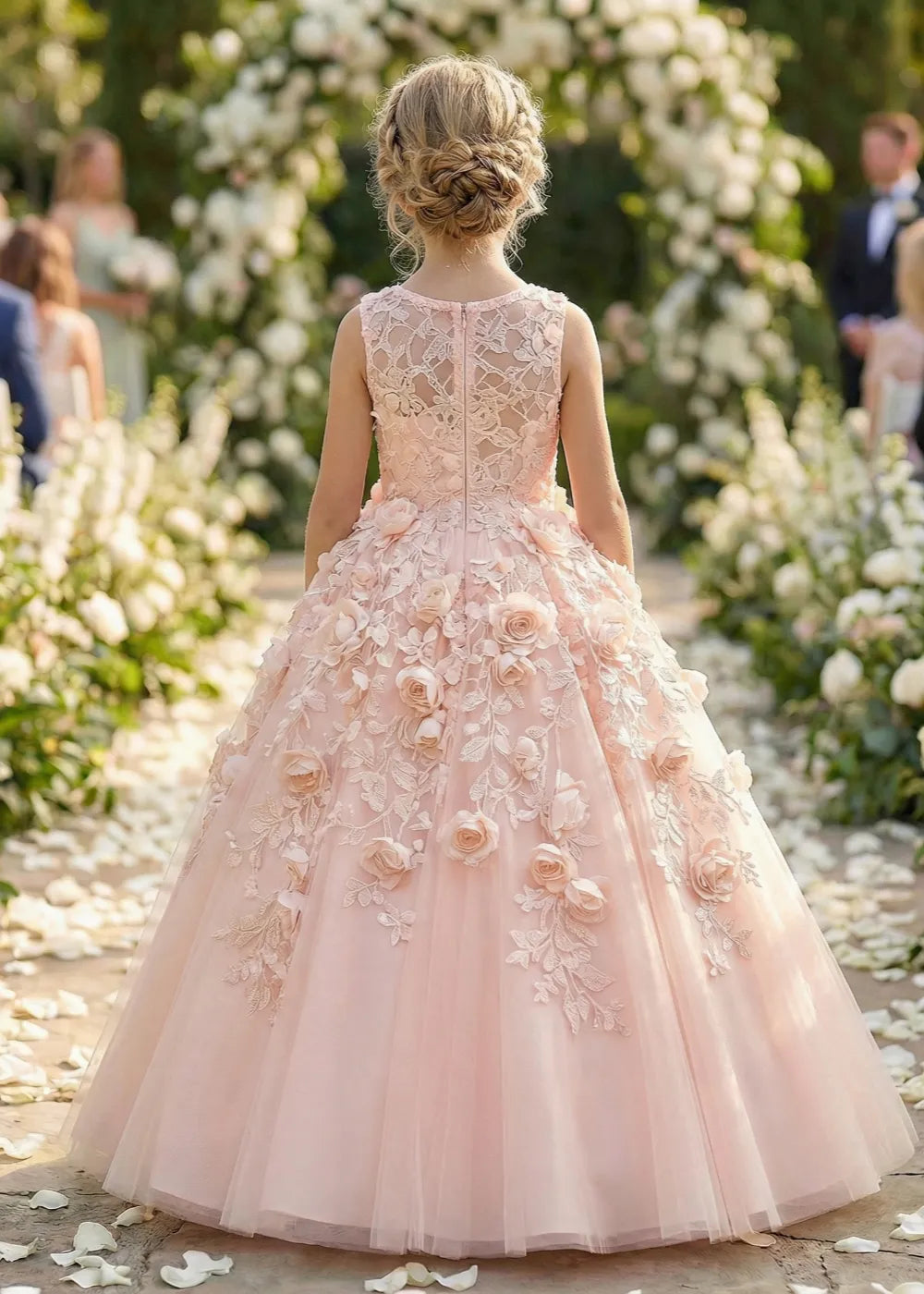 Lace Bodice Floral Tulle Princess Wedding Party Dress for Girls