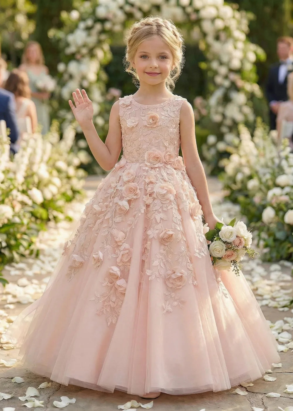 Lace Bodice Floral Tulle Princess Wedding Party Dress for Girls