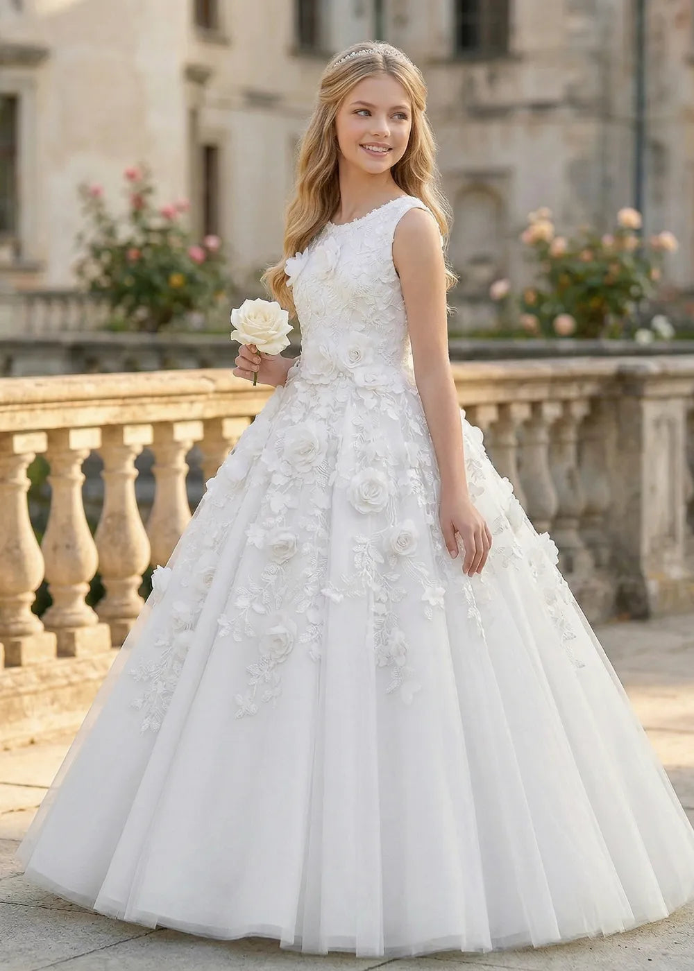Lace Bodice Floral Tulle Princess Wedding Party Dress for Girls