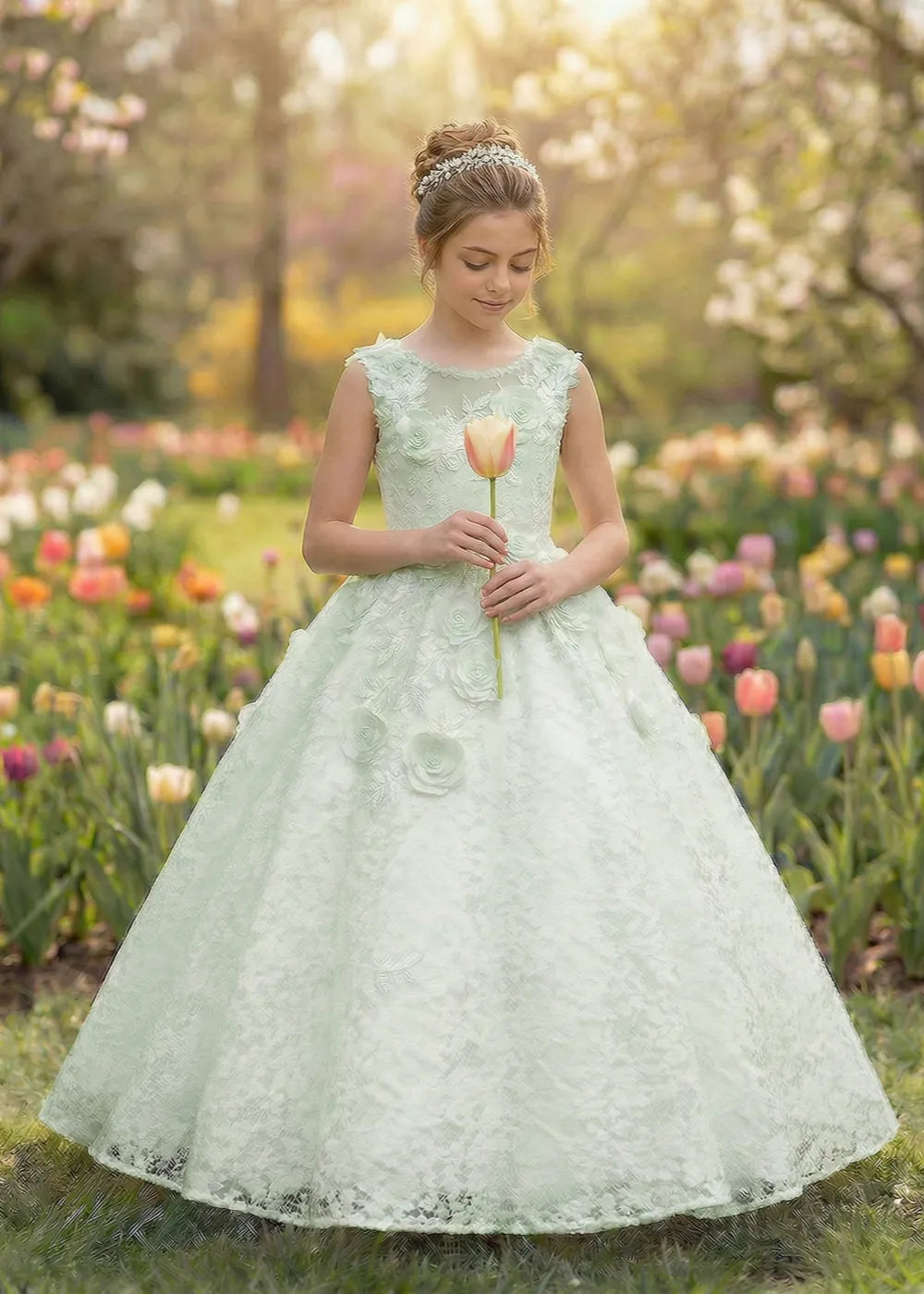 Elegant Lace Ball Gown with 3D Rose Appliqué for Kids