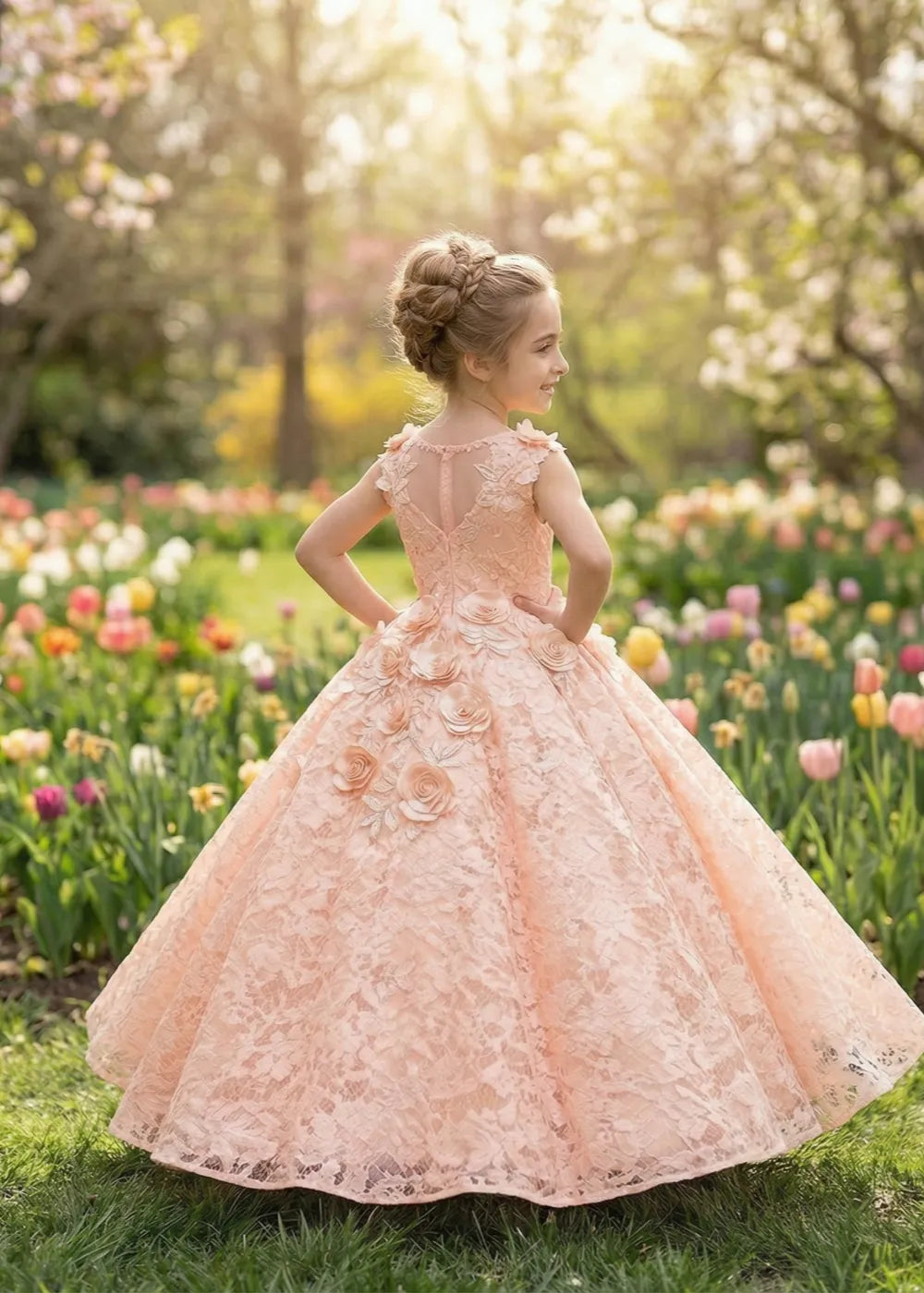 Elegant Lace Ball Gown with 3D Rose Appliqué for Kids