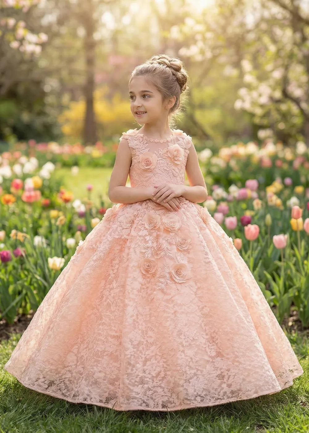 Elegant Lace Ball Gown with 3D Rose Appliqué for Kids