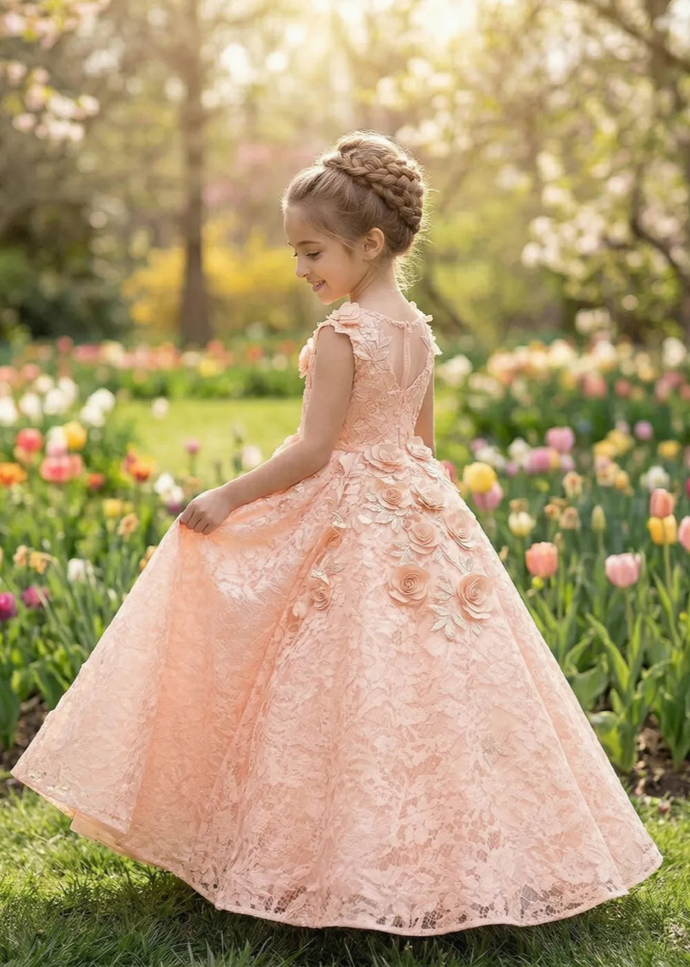 Elegant Lace Ball Gown with 3D Rose Appliqué for Kids