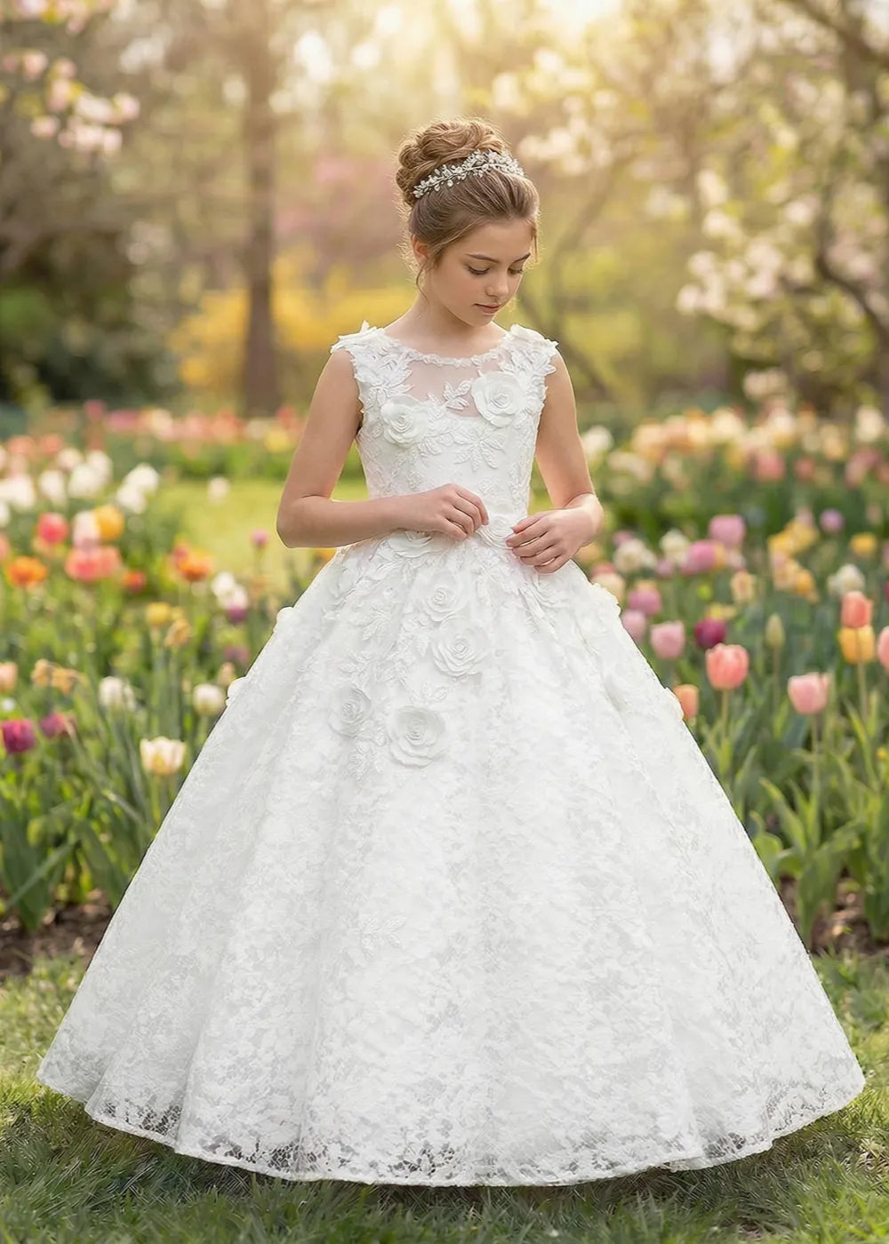 Elegant Lace Ball Gown with 3D Rose Appliqué for Kids