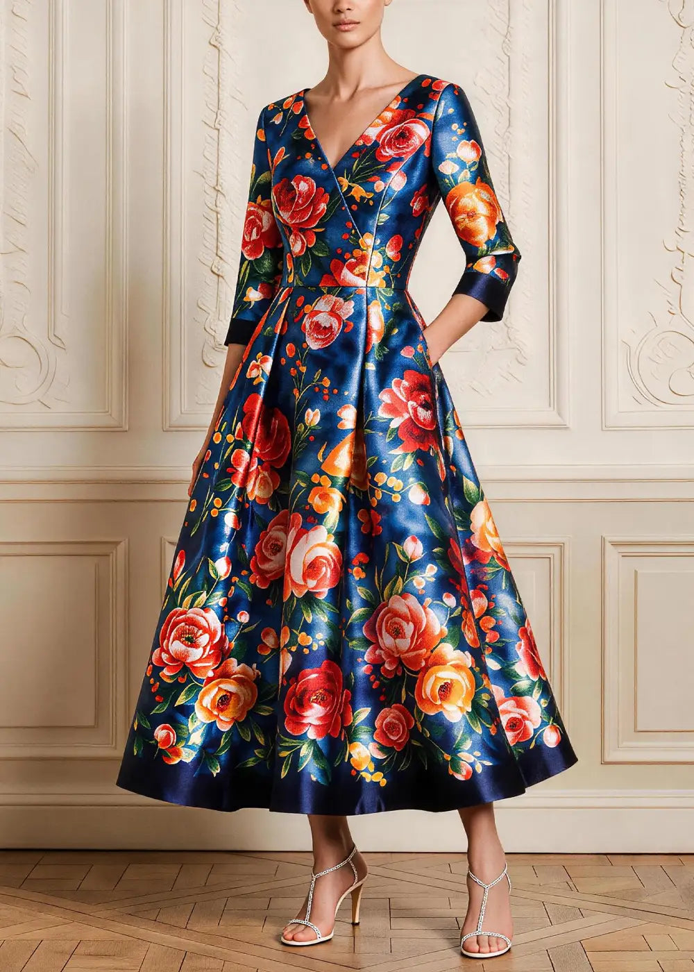Navy Floral V-Neck Satin A-Line Midi Dress