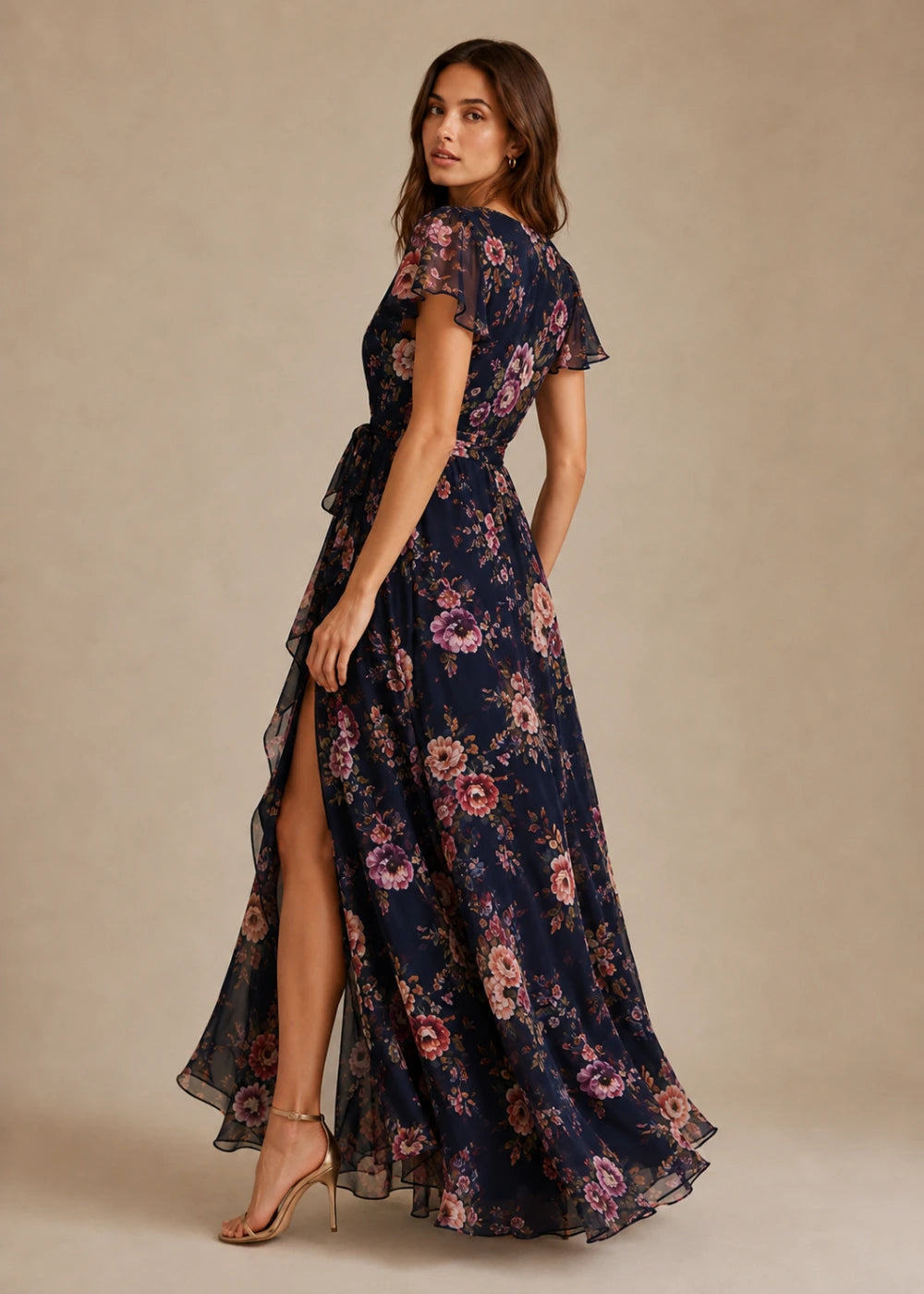 Navy Floral Wrap Flutter-Sleeve Maxi Dress