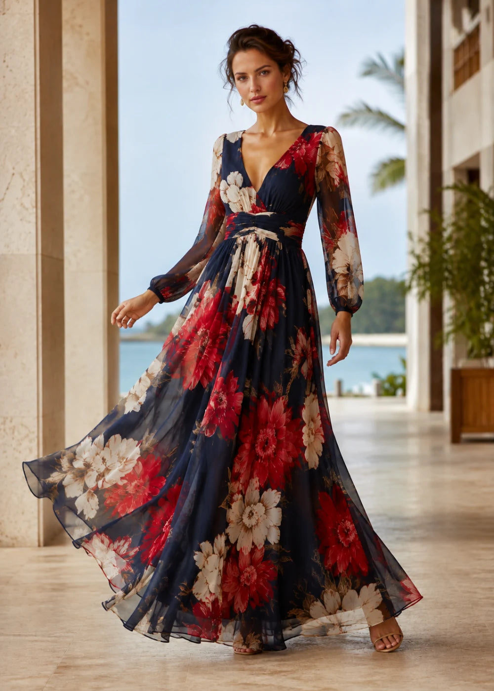 Navy Red Floral Long-Sleeve Chiffon Maxi Dress