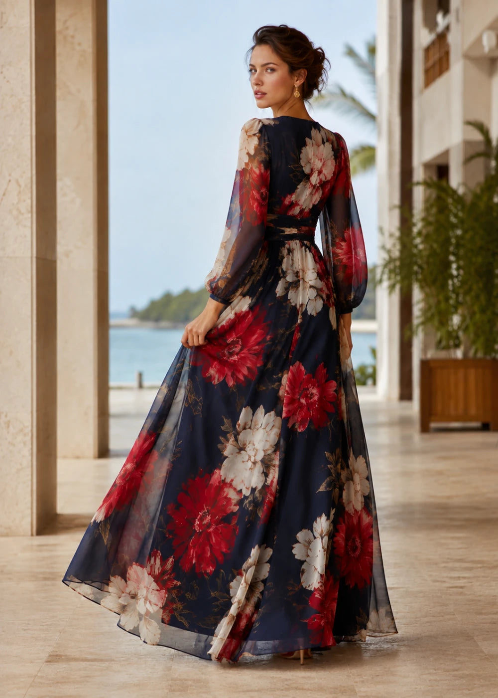 Navy Red Floral Long-Sleeve Chiffon Maxi Dress