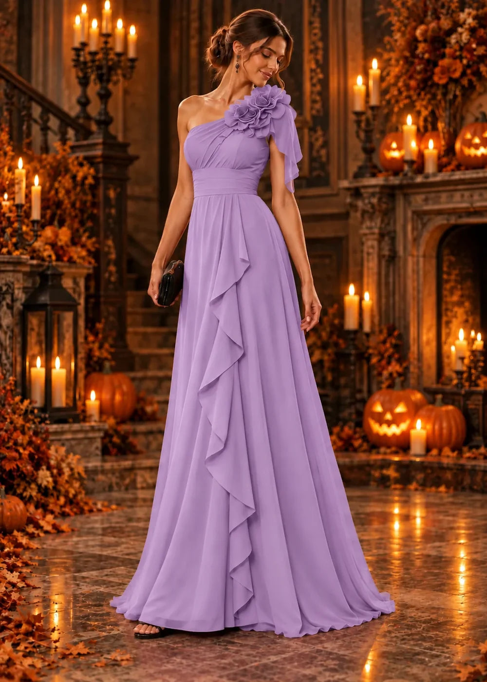 Front view of the lavender evening gown with a one-shoulder neckline with a floral ruffle and a floor-length skirt.