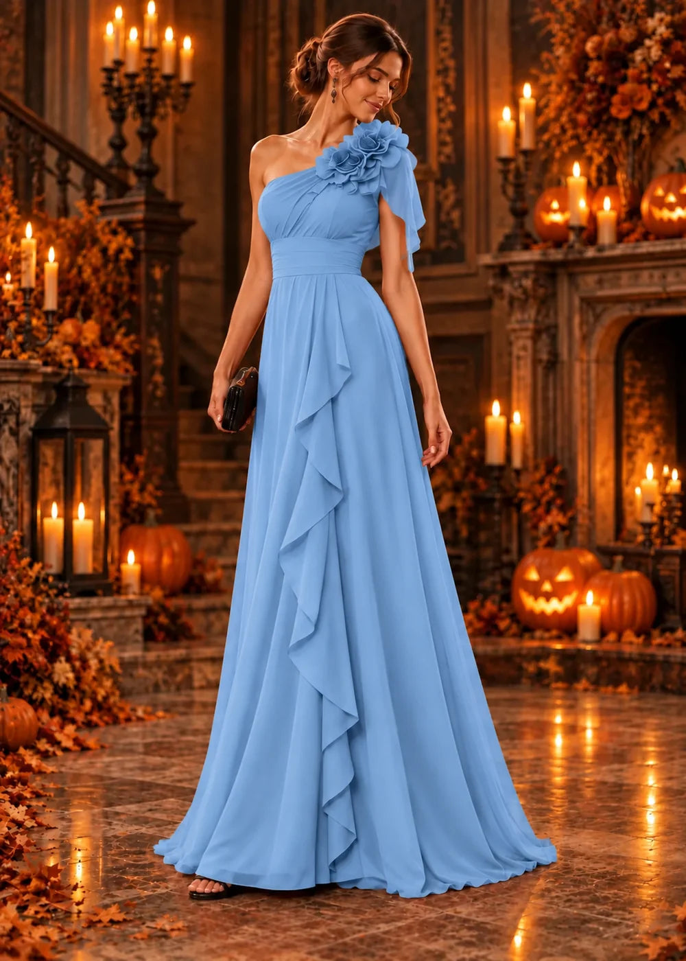 Front view of the light blue evening gown with a one-shoulder neckline with a floral ruffle and a floor-length skirt.