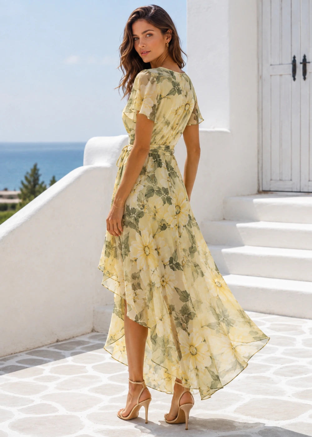Pale Sage Botanical Floral Wrap High-Low Dress