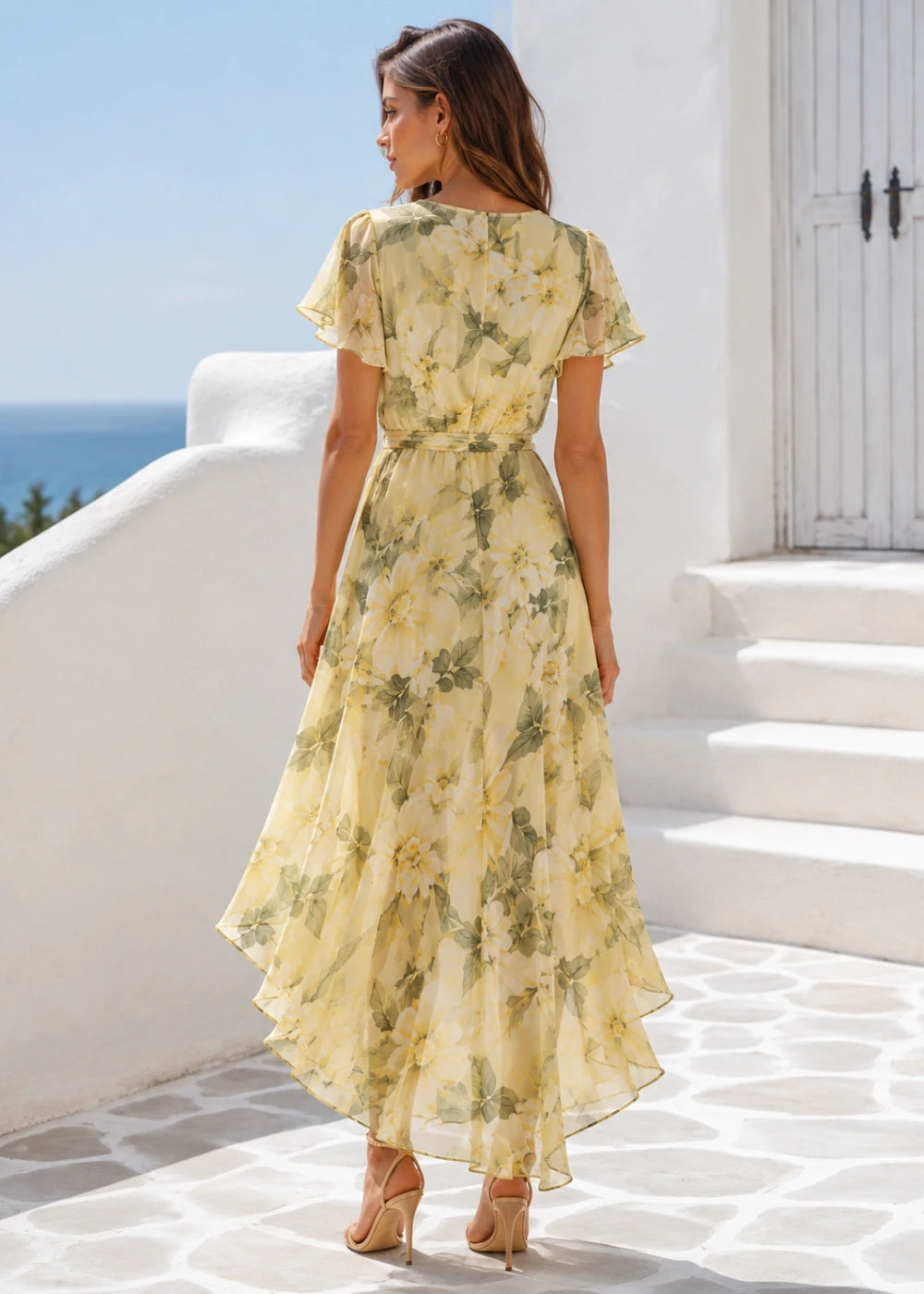 Pale Sage Botanical Floral Wrap High-Low Dress