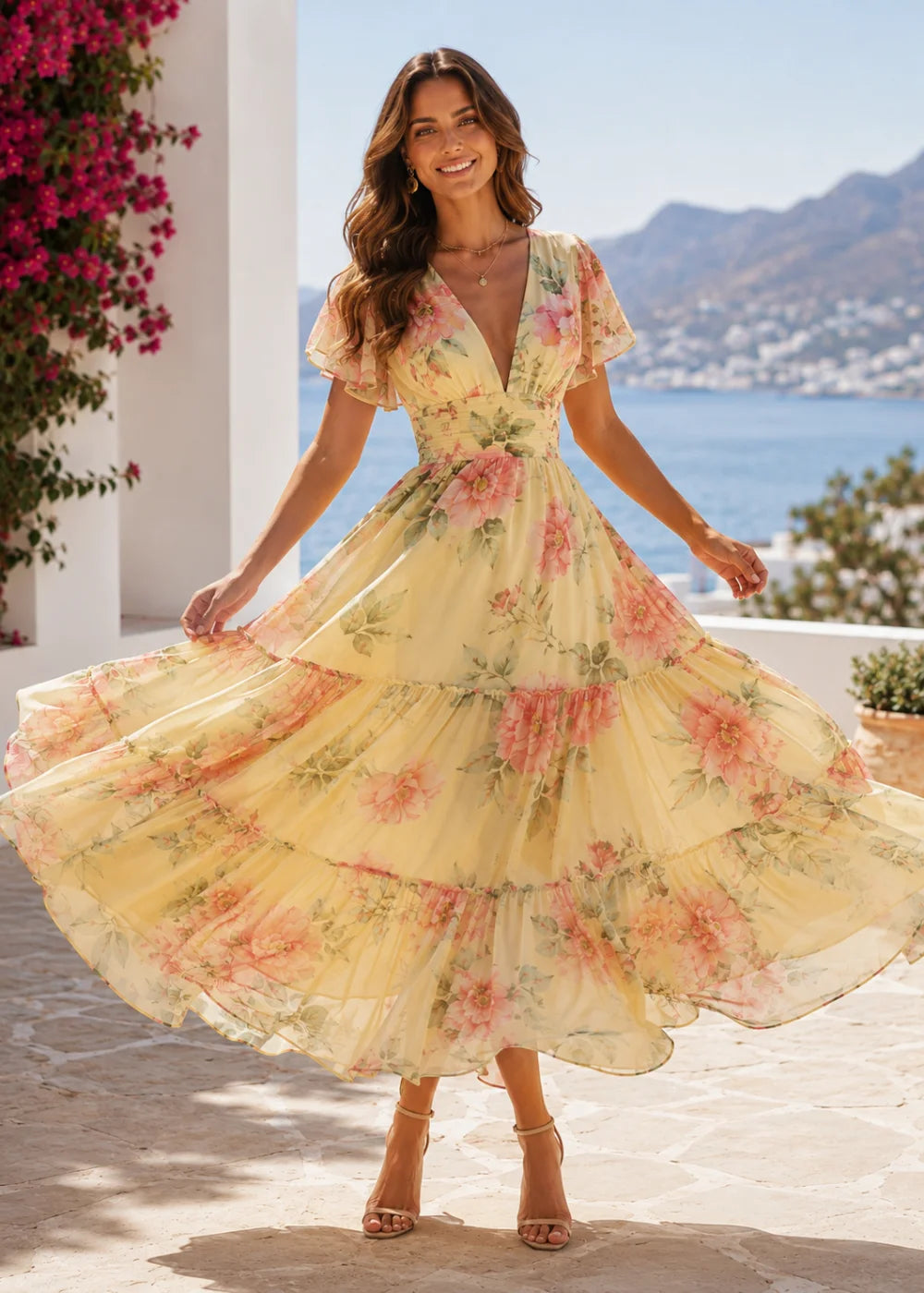 Pale Yellow Coral Floral Flutter-Sleeve Tiered Maxi Dress