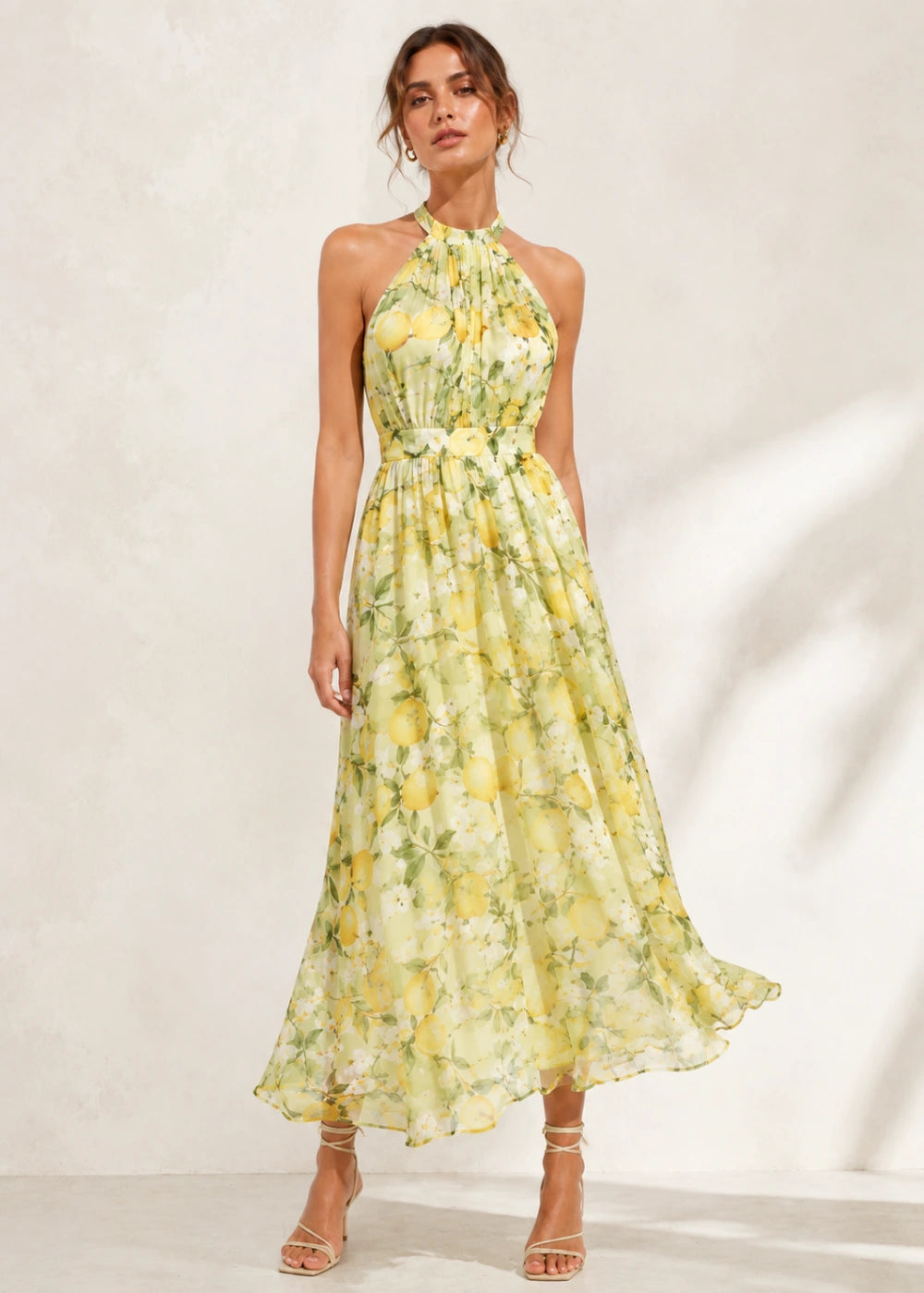 Pale Yellow Floral Halter Chiffon Maxi Dress