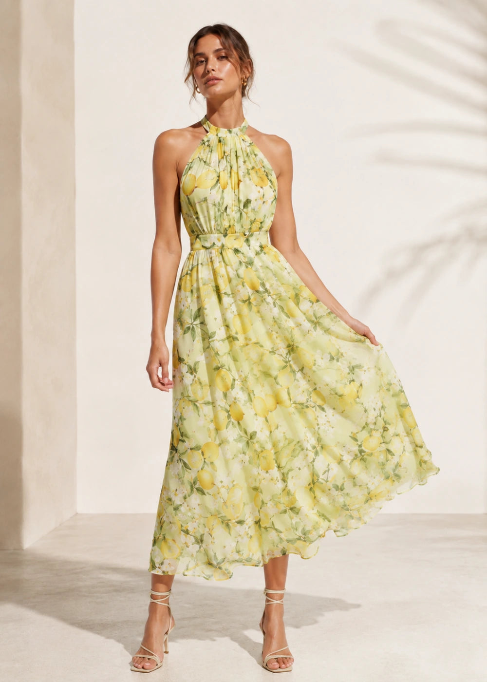 Pale Yellow Floral Halter Chiffon Maxi Dress