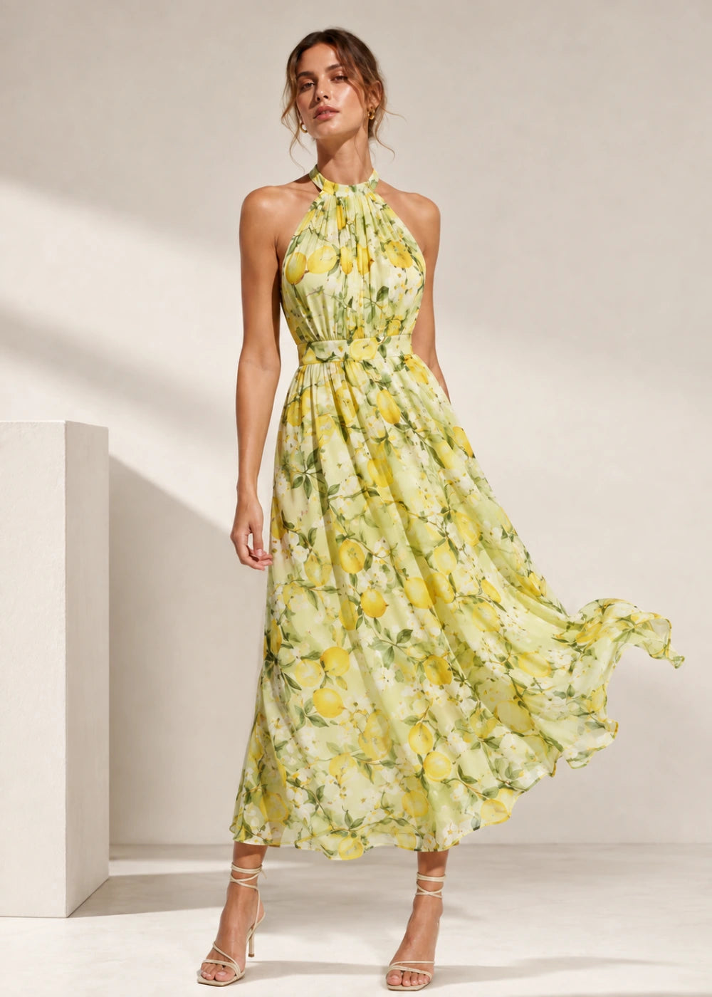 Pale Yellow Floral Halter Chiffon Maxi Dress