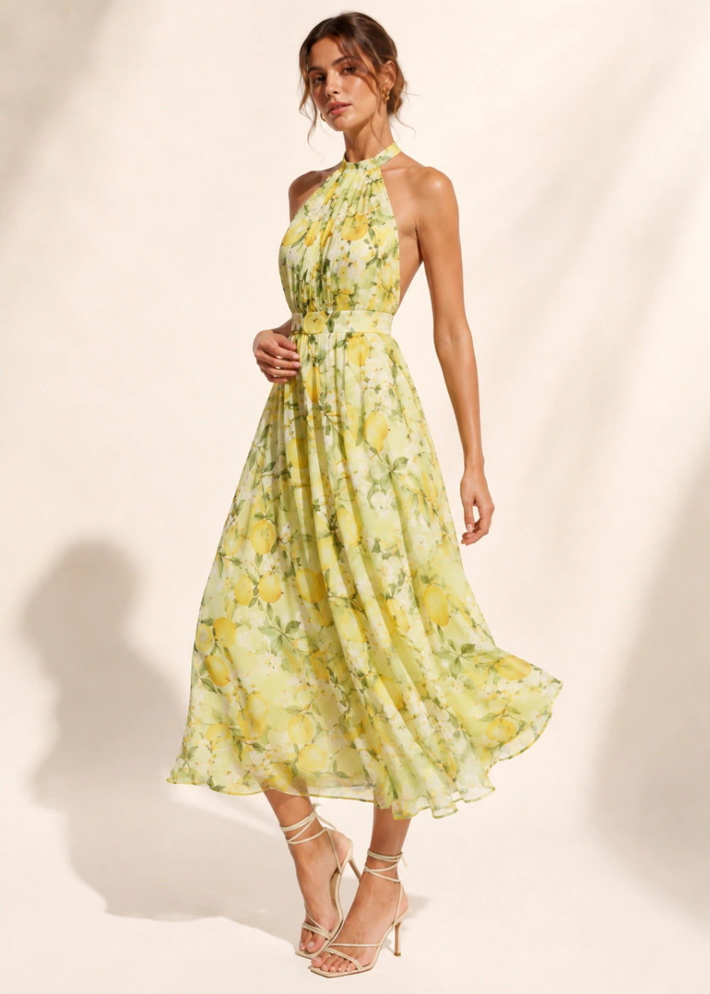Pale Yellow Floral Halter Chiffon Maxi Dress