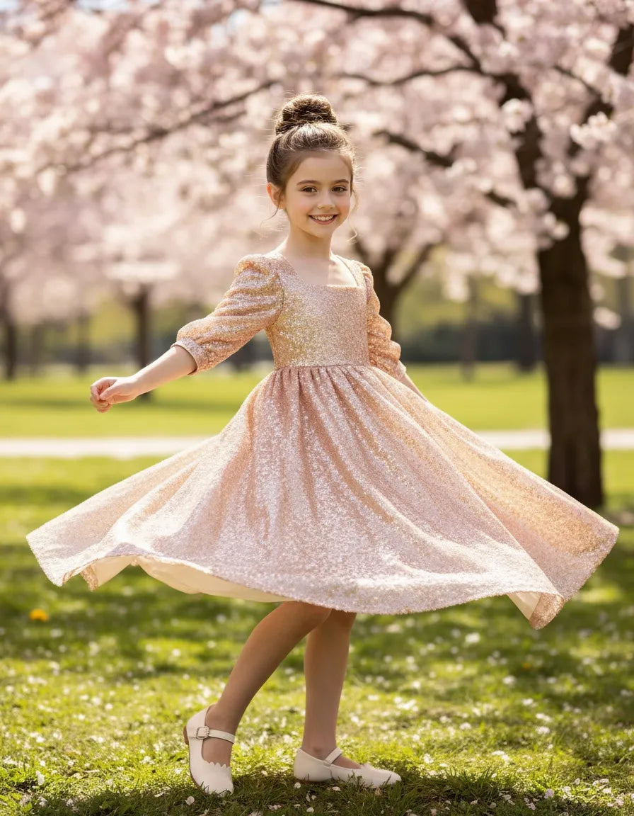 Girls Sequin Flower Girl Dress with Sleeves