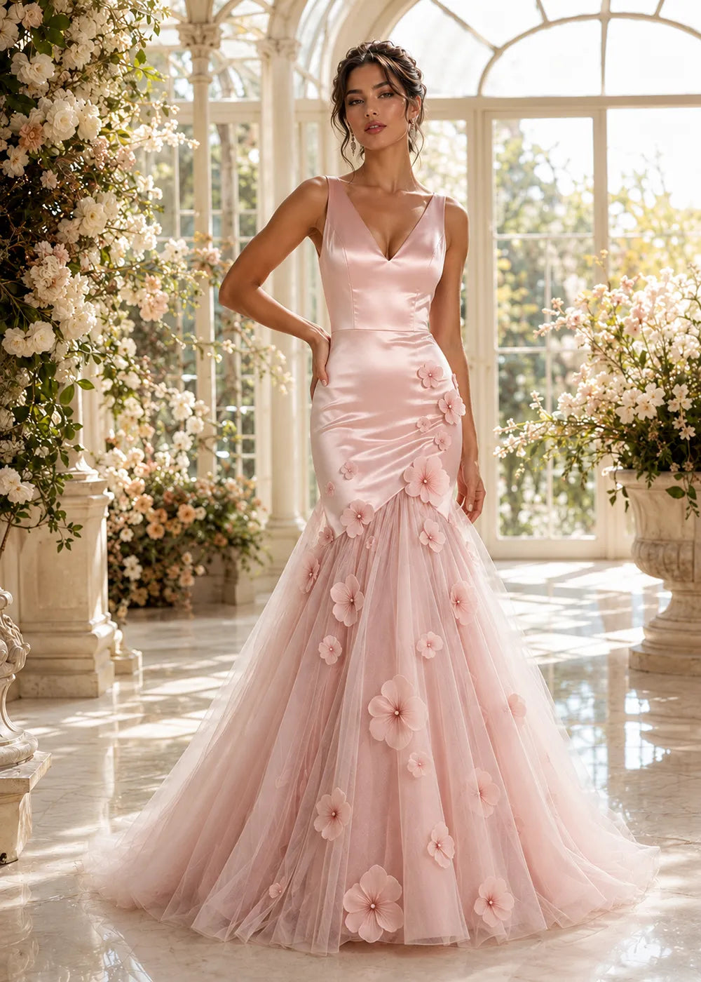 Sculpted Blossom V-Neck Mermaid Formal Gown