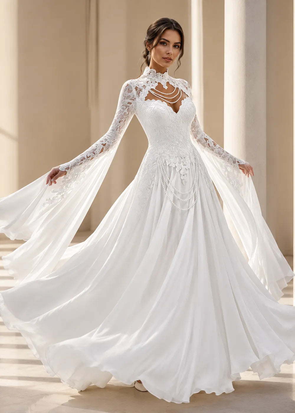 Aurelia Pearl-Draped Lace Wedding Gown