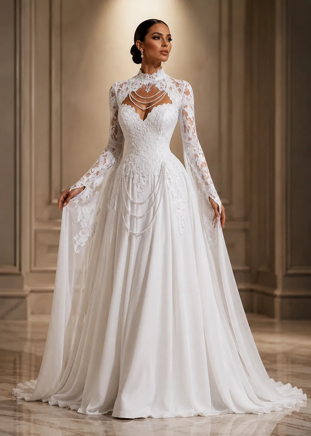 Aurelia Pearl-Draped Lace Wedding Gown