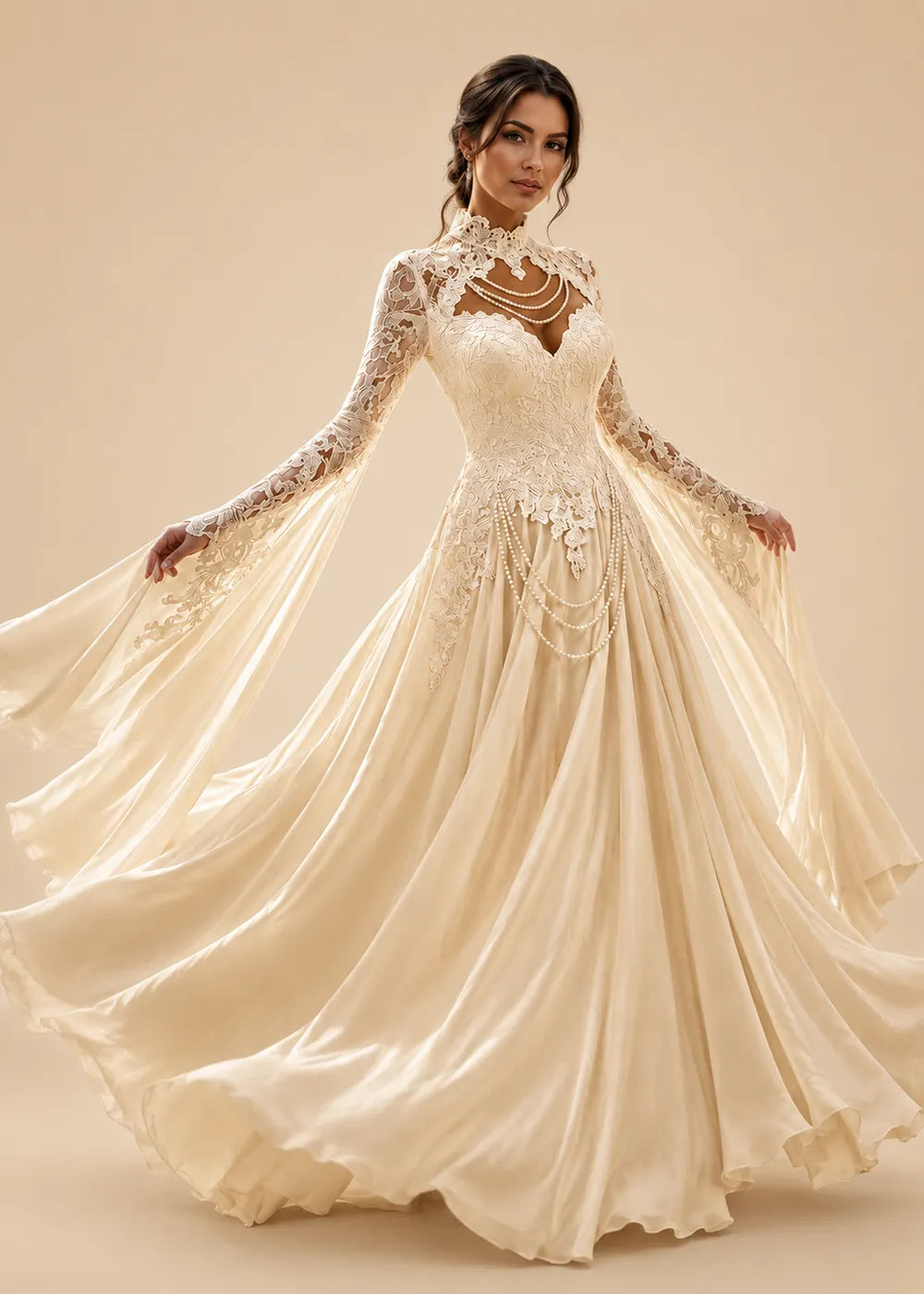 Aurelia Pearl-Draped Lace Wedding Gown