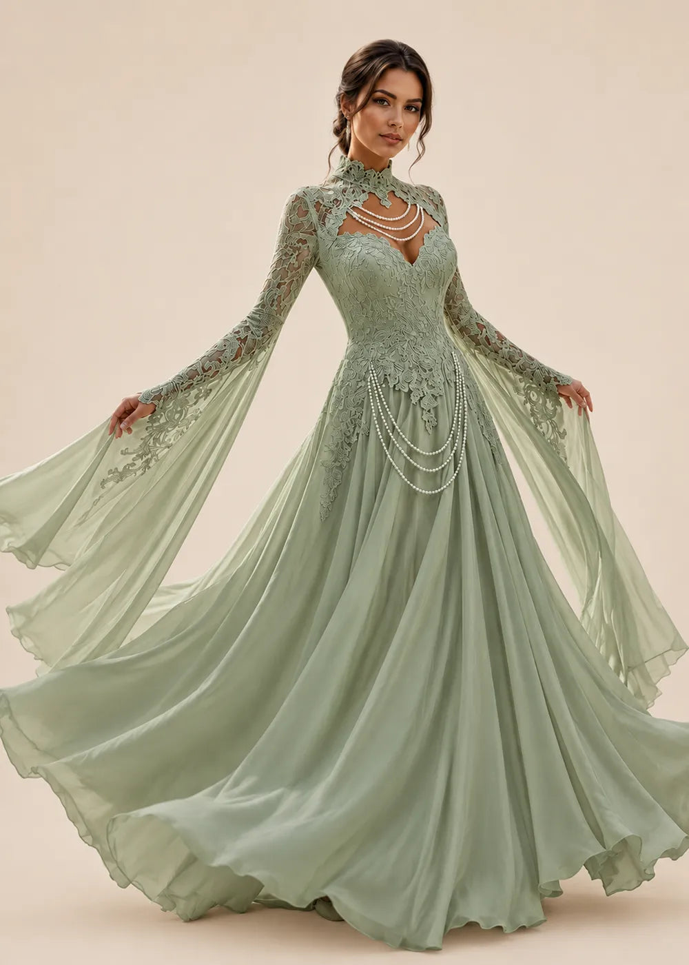 Aurelia Pearl-Draped Lace Wedding Gown