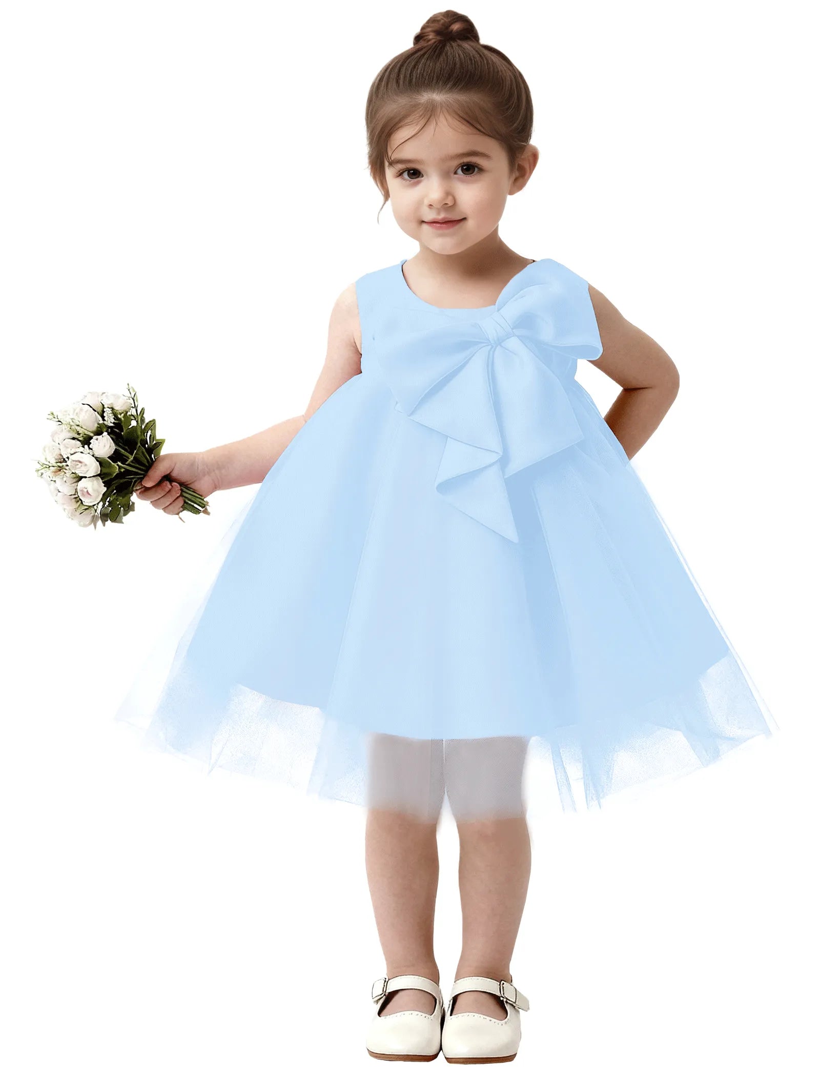 Baby Girl Formal Dress with Mesh Overlay and Bow