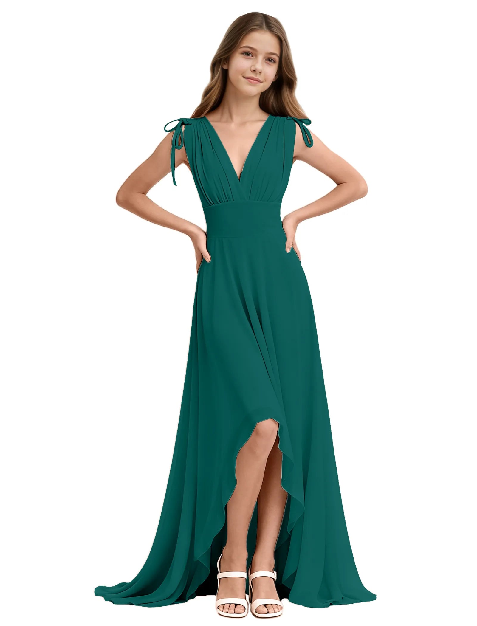 Youth High-Low Chiffon Dress with Bow Straps