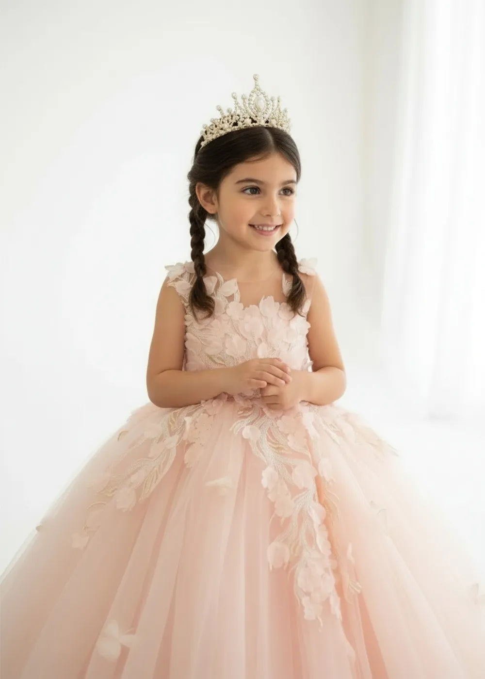 Pink 3D Floral Princess Dress for Girls Ball Gown Flower Girl Dress | Fynony Pink 3D Floral Princess Dress for Girls Ball Gown Flower Girl Dress | Fynony