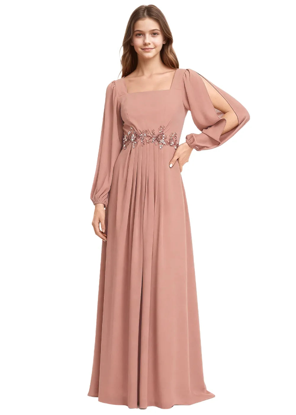 Embellished Square Neck Chiffon Bridesmaid Gown