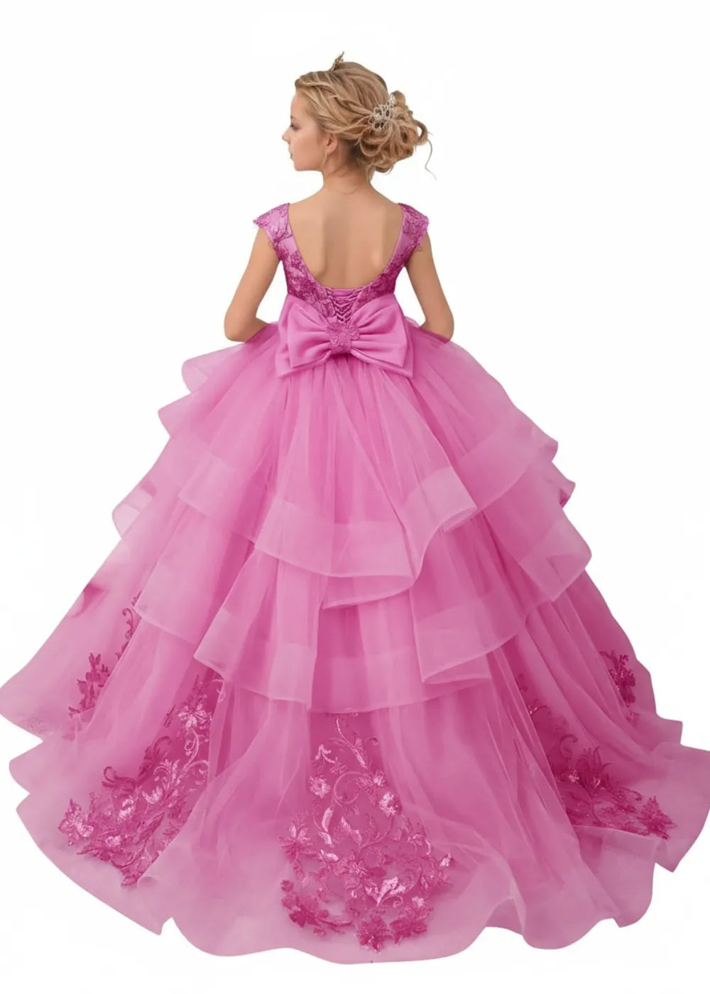 Princess Dress for Girls with Floral Lace & Cascading Ruffles | Fynony