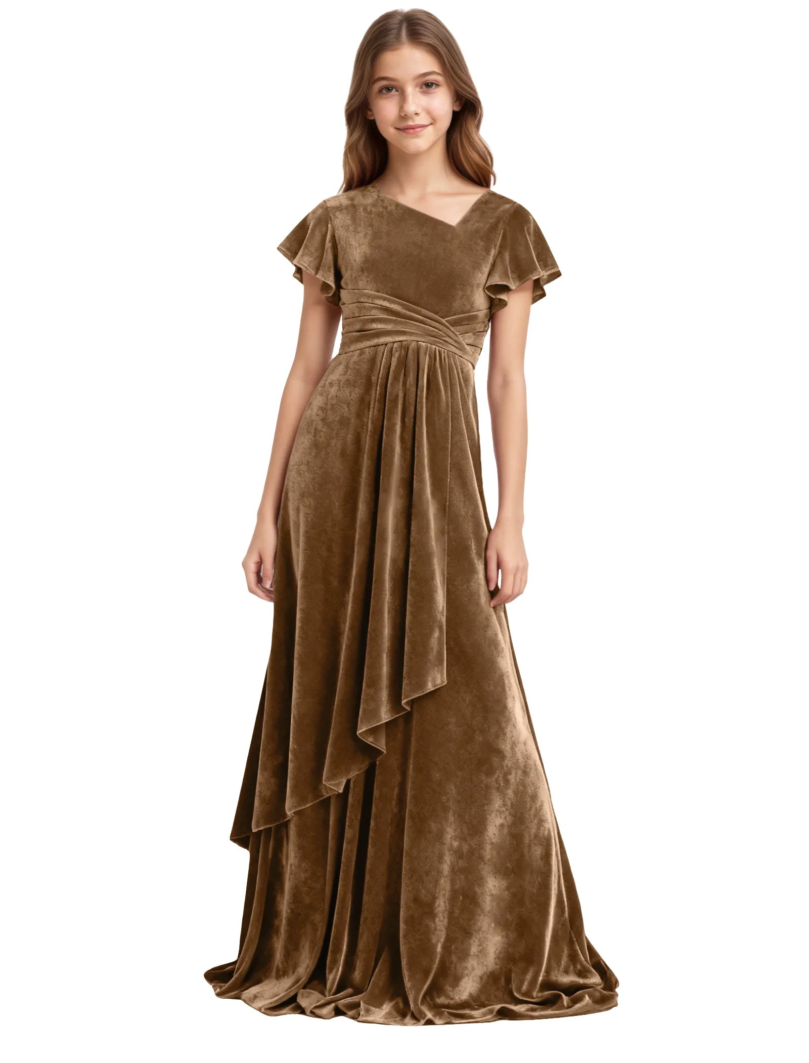 Girls Velvet V-Neck Gown with Draped Ruffle Skirt