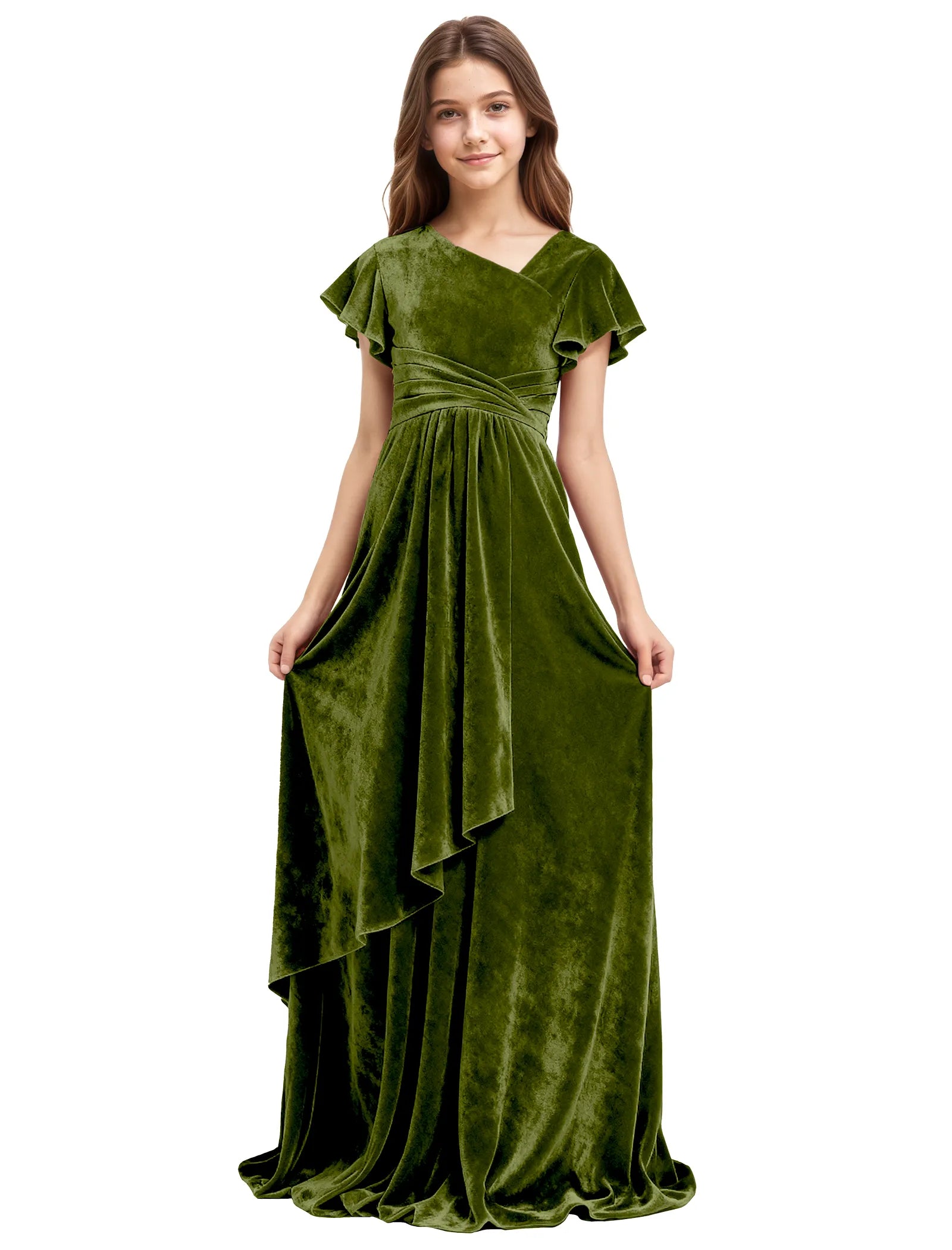 Girls Velvet V-Neck Gown with Draped Ruffle Skirt