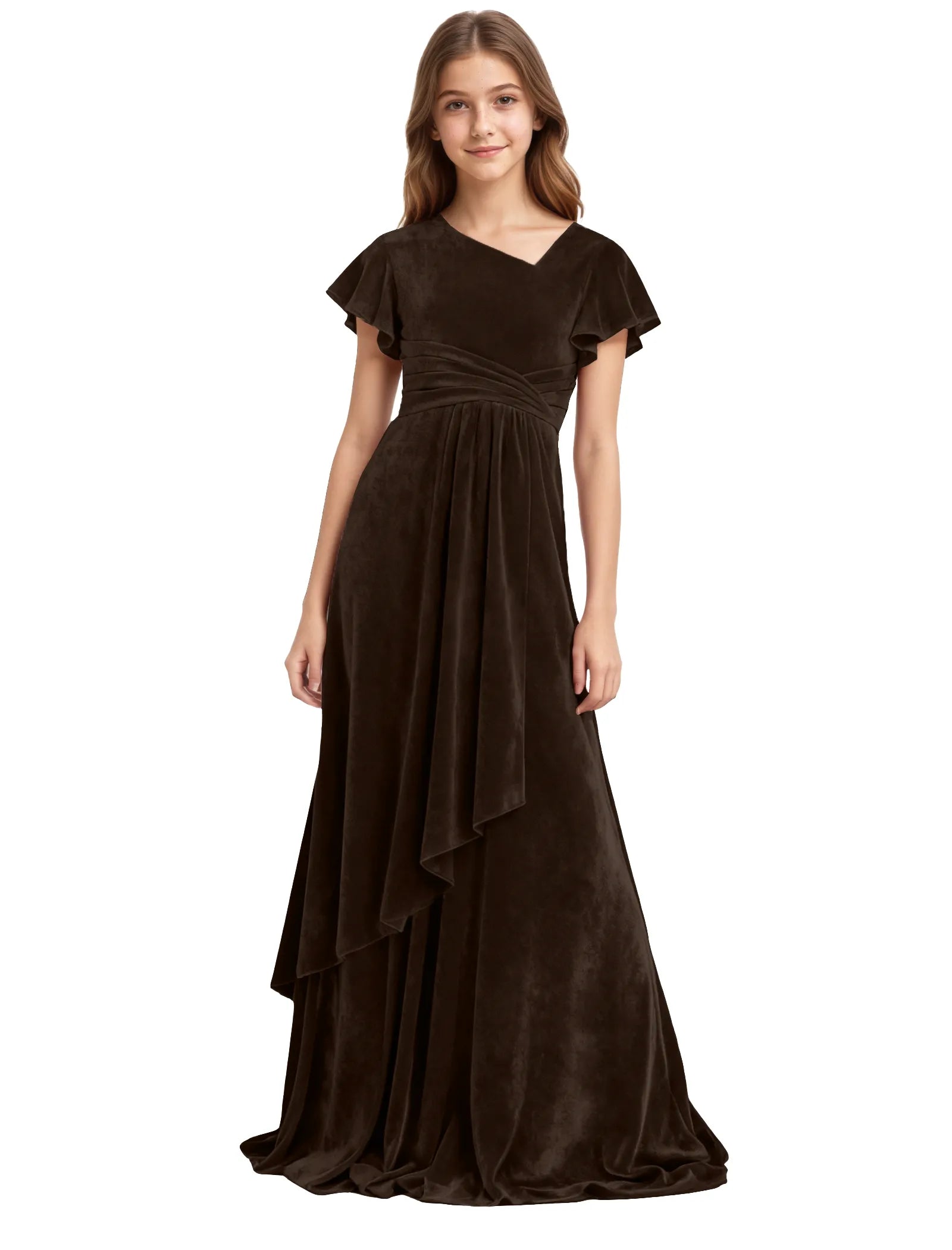 Girls Velvet V-Neck Gown with Draped Ruffle Skirt