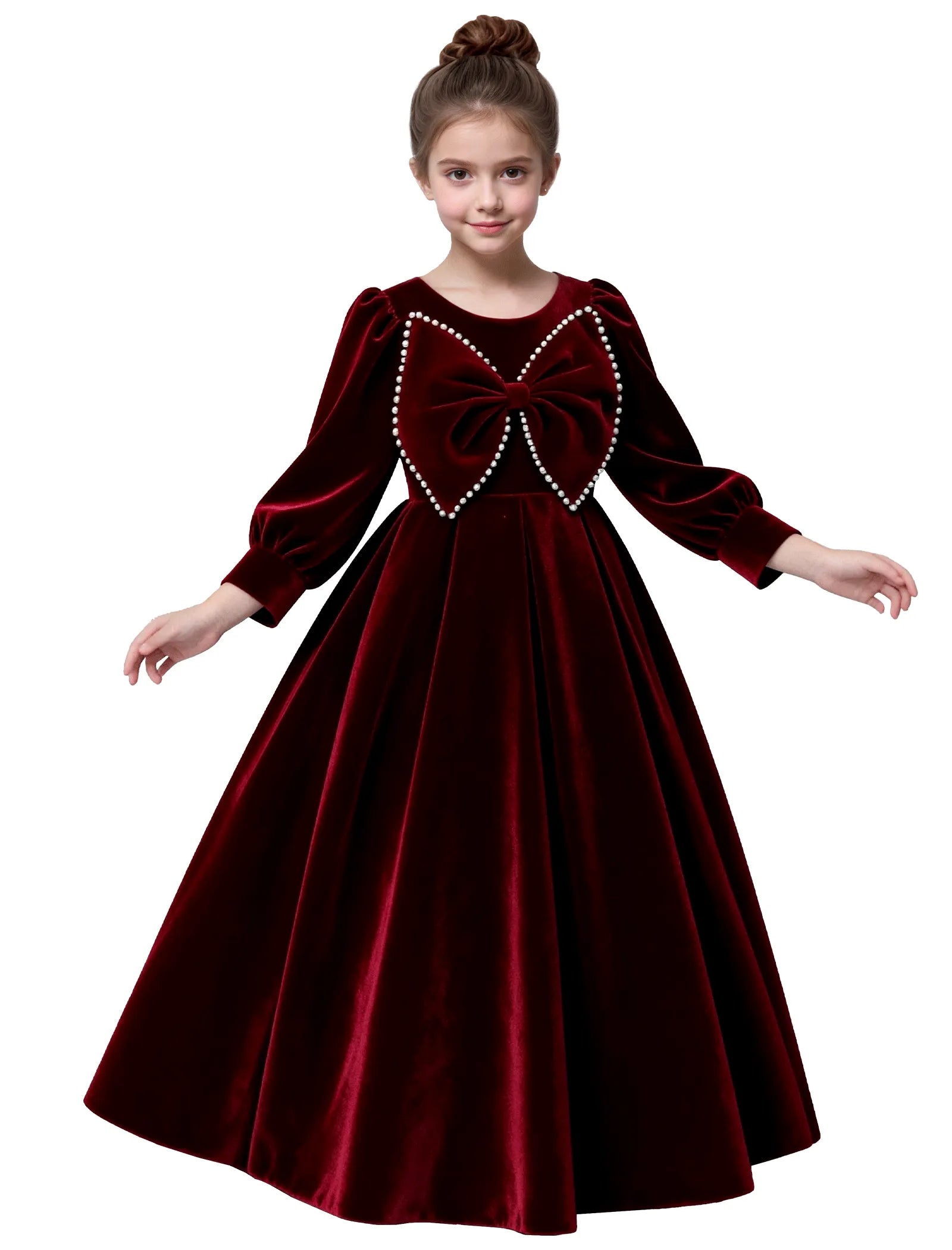 Long Sleeve Velvet Flower Girl Dress with Pearl Bow