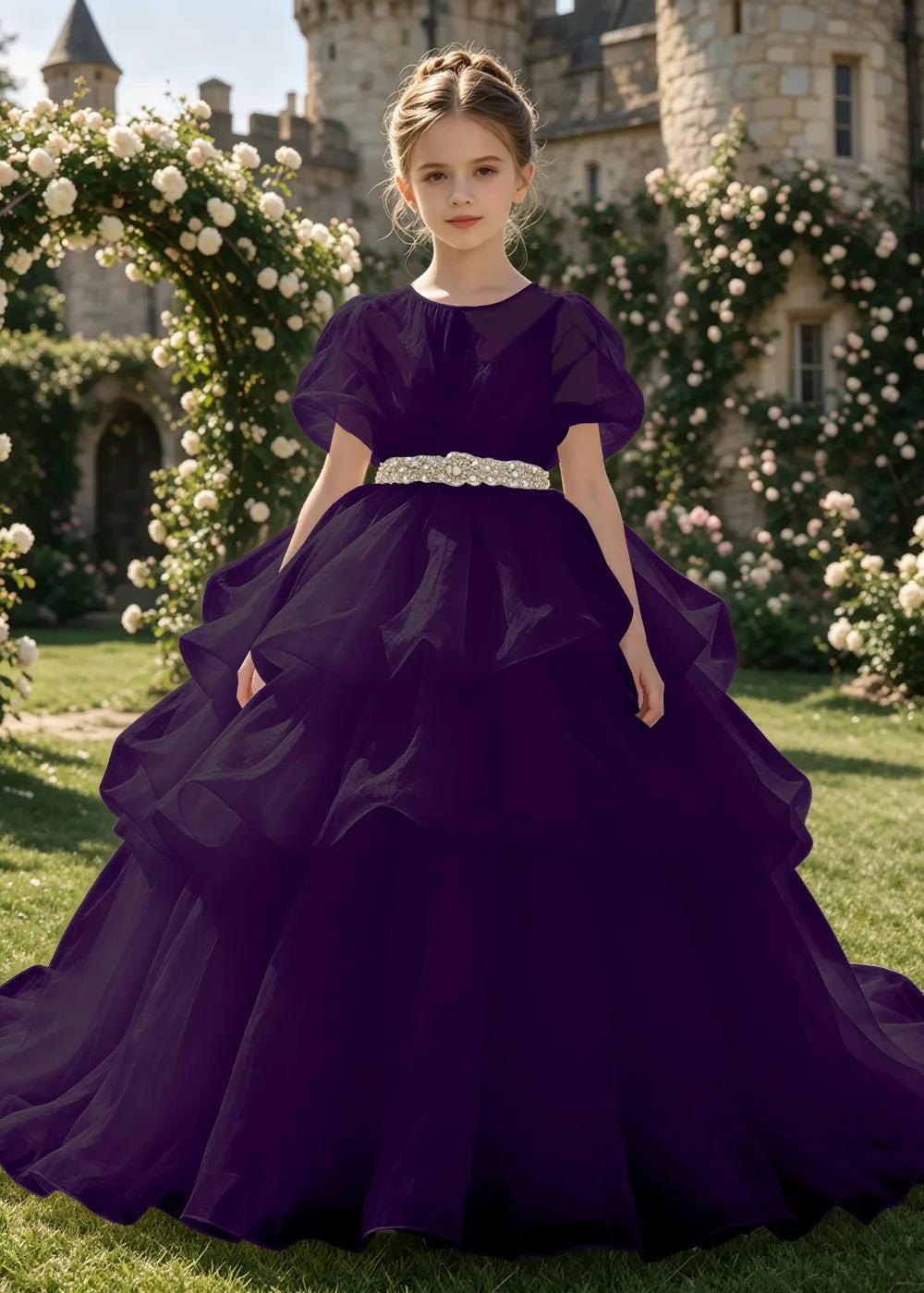 Jeweled Waist Puff Sleeve Flower Girl Ball Gown
