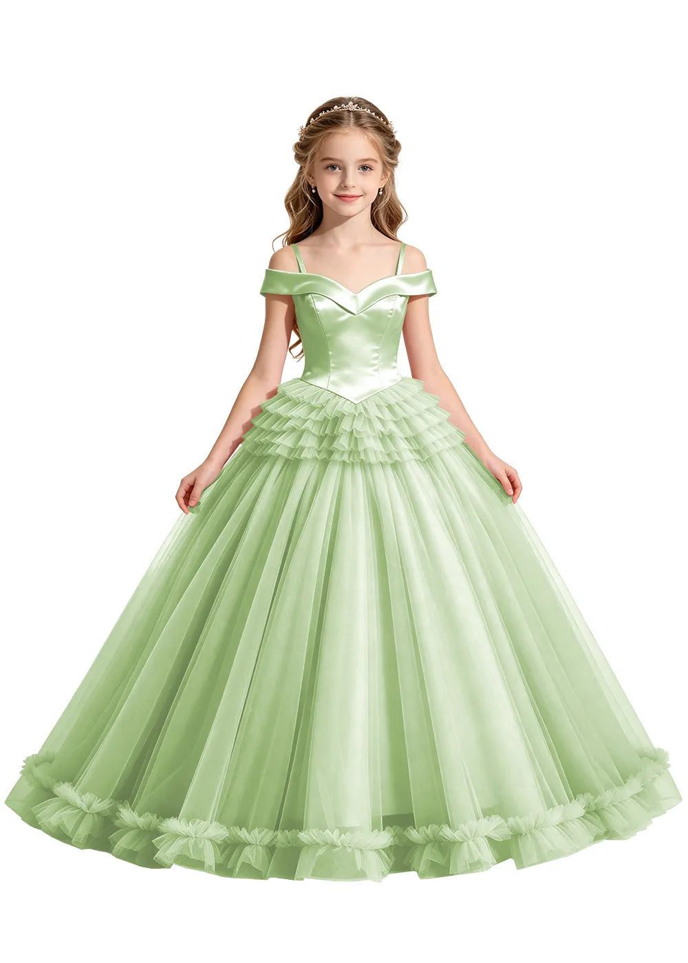 Off-Shoulder Satin Princess Ball Gown for Girls