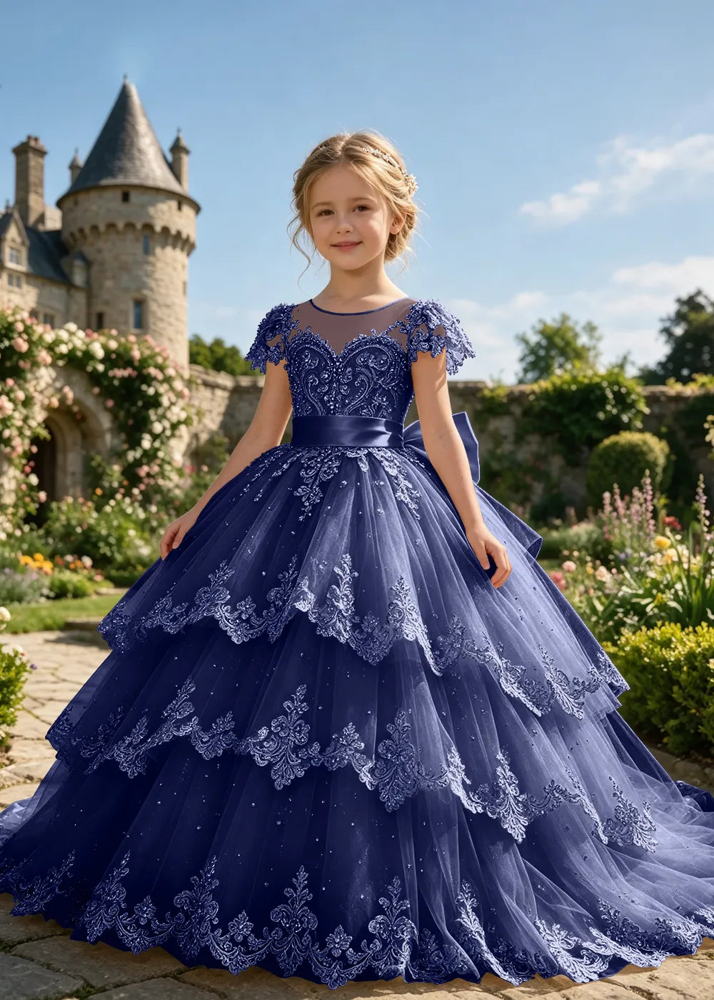 Tiered Lace Flower Girl Ball Gown with Satin Bow