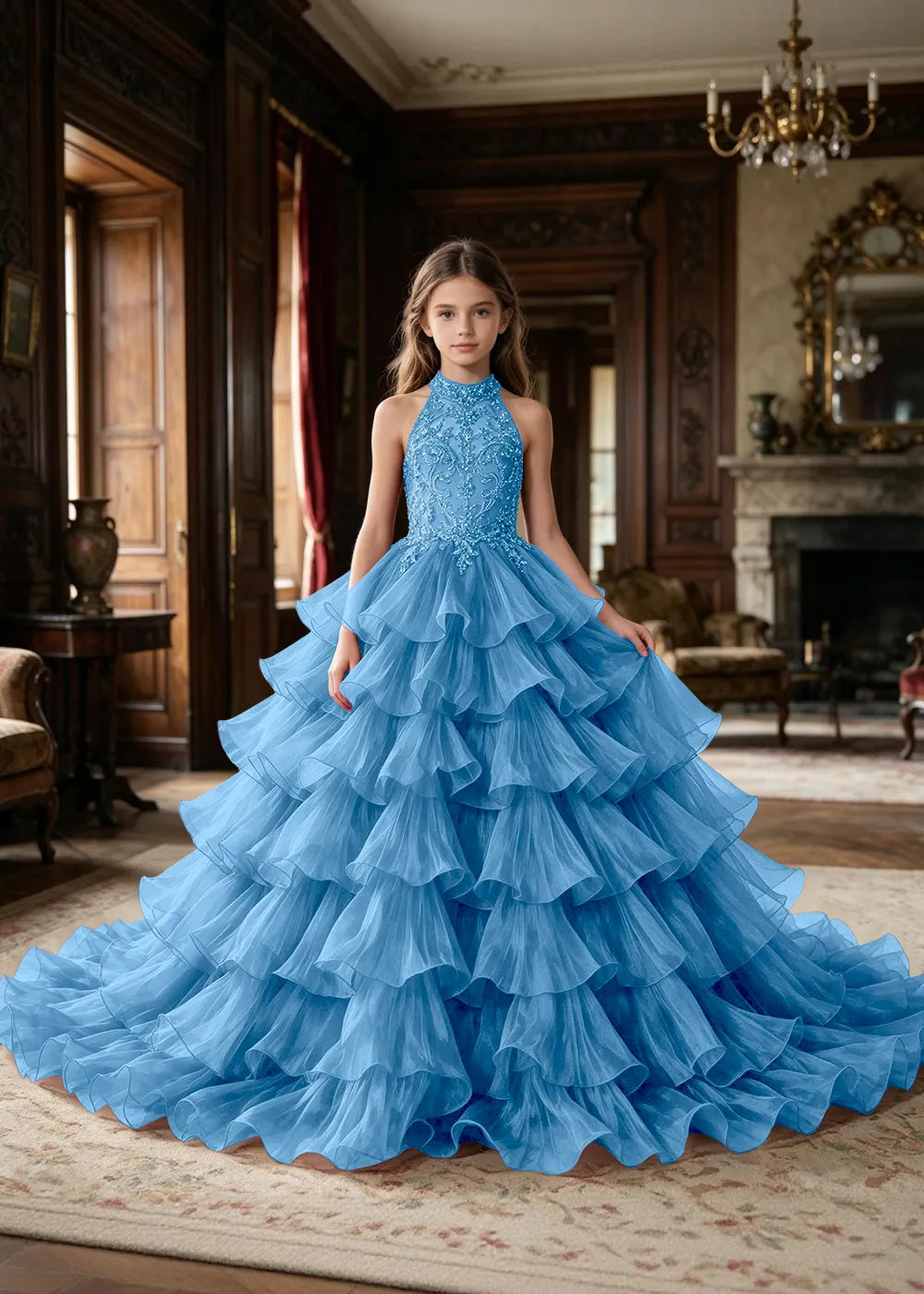Halter Ruffle Tulle Pageant Ball Gown for Girls